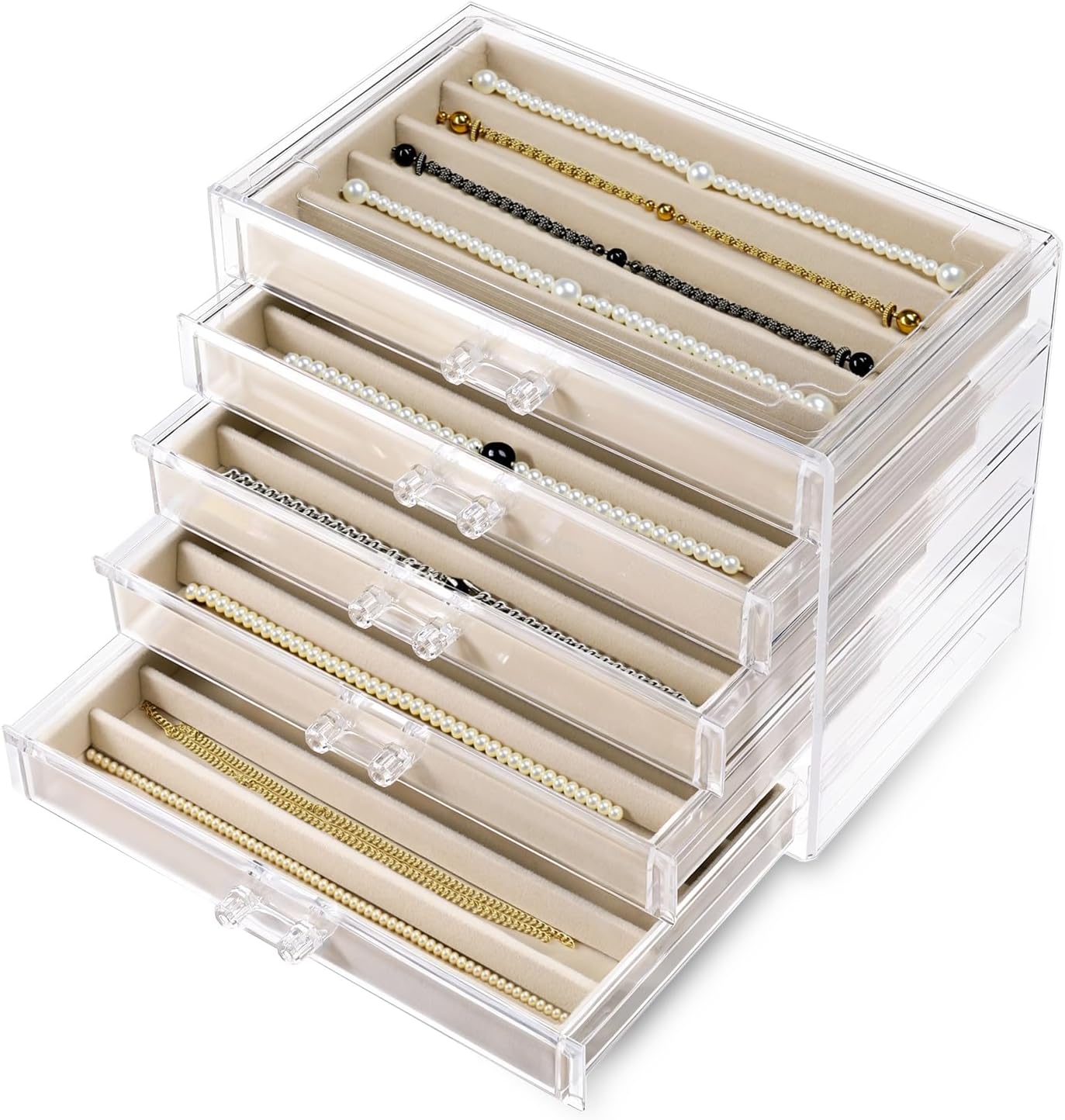 EupHHonycs Clear Jewelry Box with Velvet for Necklaces Dustproof Necklace Storage Holder Display Case 5 Drawer Acrylic Storage Tray Stackable Jewelry Showcase for Women Pendant Chains (Beige)