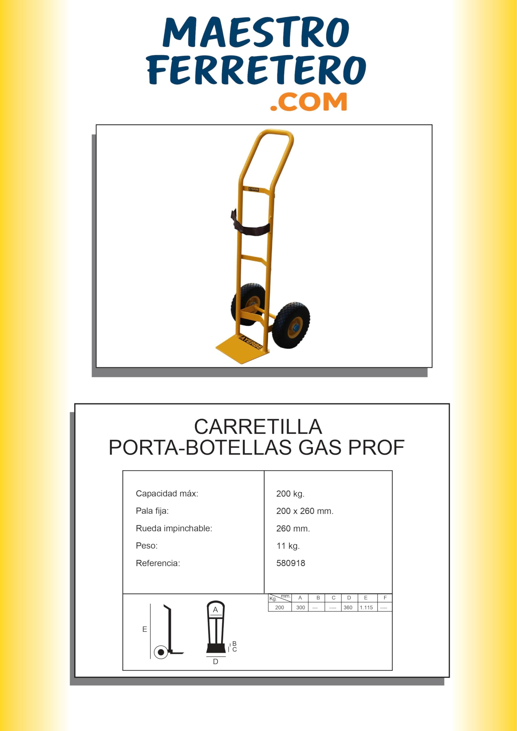 Carretilla Porta Botella de Gas Profesional con Ruedas Impinchables de 260 mm y Capacidad Máxima de 200 kg - Maestro Ferretero