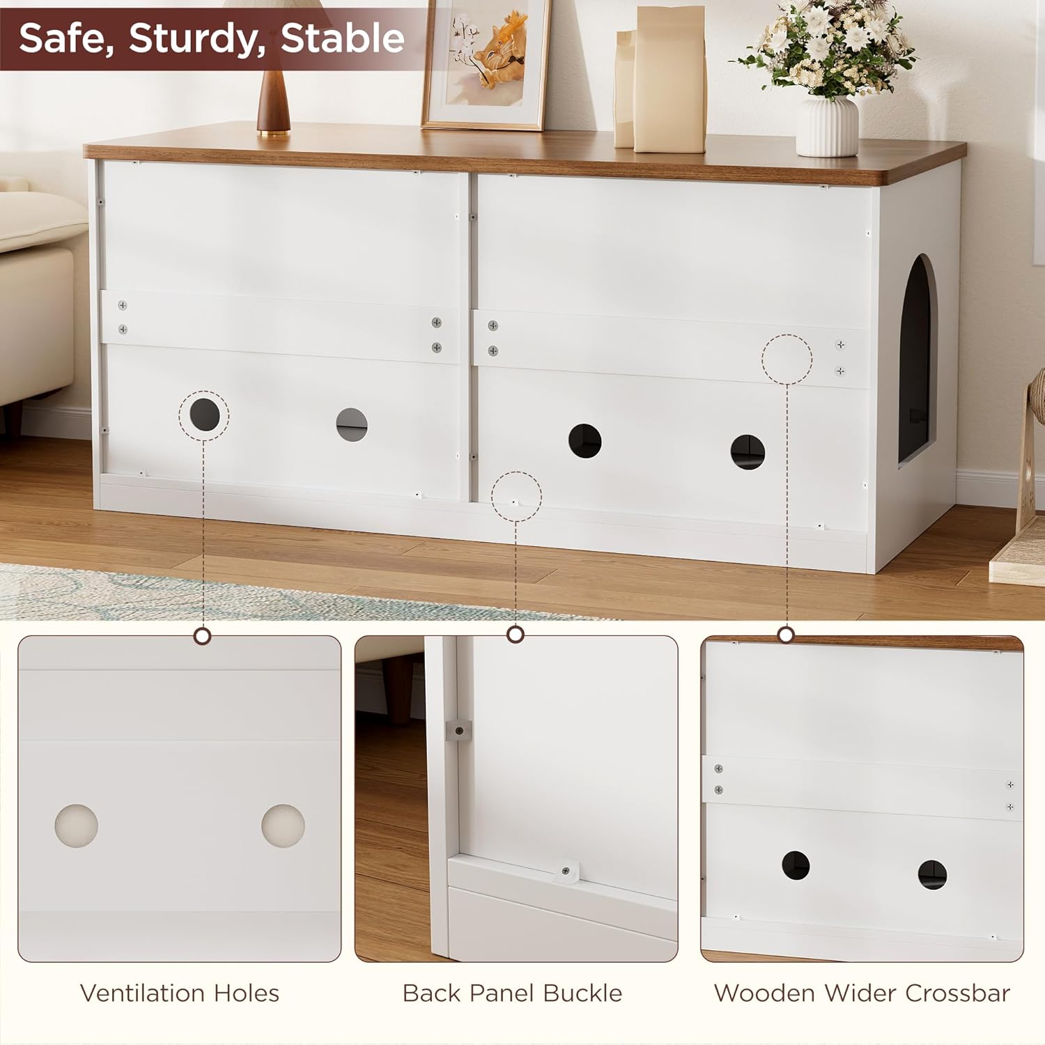 Halitaa Cat Litter Box Enclosure for 2 Cats, 47.2" Hidden Litter Box Furniture with Double Room, Soft-Close Doors, Mid-Century Modern Litter Box Cabinet, Side Table, White and Walnut