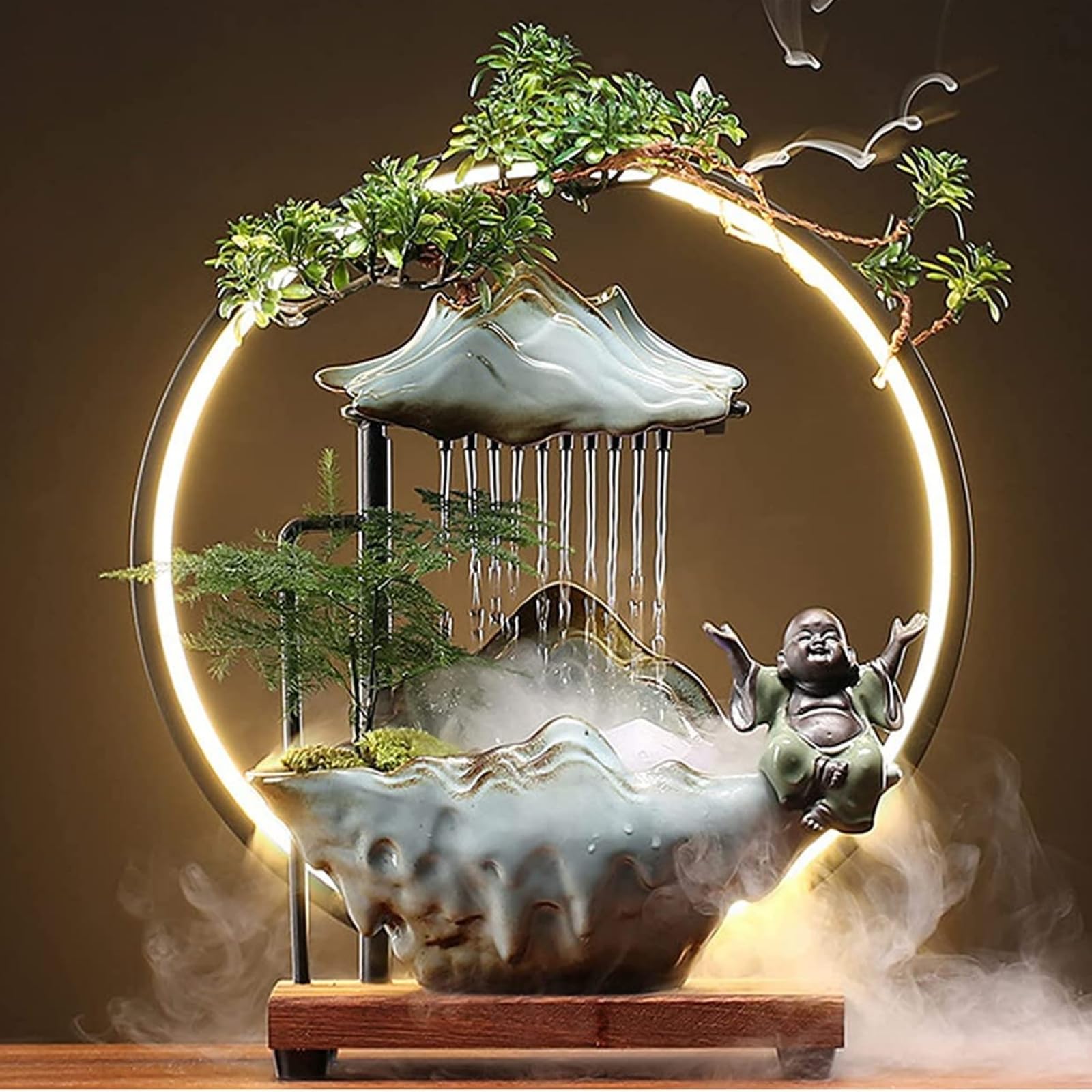 Buddha Deko Wasserbrunnen Wasserfall LED Indoor Deko Springbrunnen für Meditation mit japanischer Dekoration mit gefälschten Pflanzen Feng Shui Dekoration für Glück Reichtum