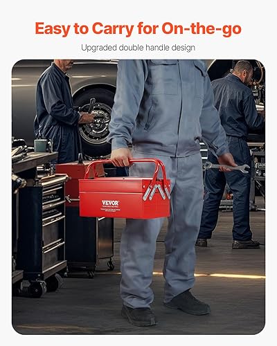 Miniatura 5 de VEVOR Caja de herramientas de metal, 14 pulgadas, 2 niveles, 3 bandejas, portátil, plegable, organizador de cofre de herramientas con mango y