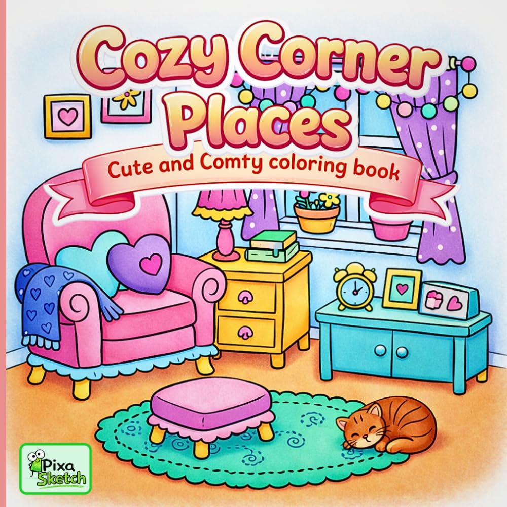 Cozy Corner Coloring Book: Cute & Comfy Cozy Corners with Adorable Characters, Cute Places, Coffee Shops, Relaxing Scenes, Warm Rooms & Peaceful ... for Stress Relief for Kids, Teens & Adults