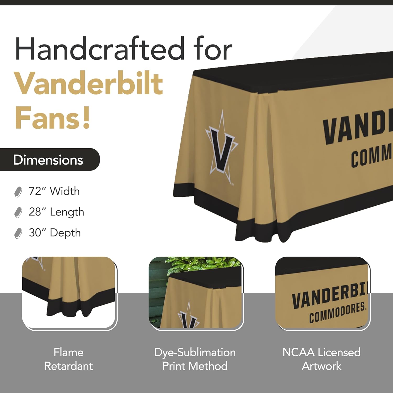 Vanderbilt Commodores College Sports Printed Table Throw - NCAA Licensed - Polyester - School Tablecloth (Black, Gold) (6' Draped)