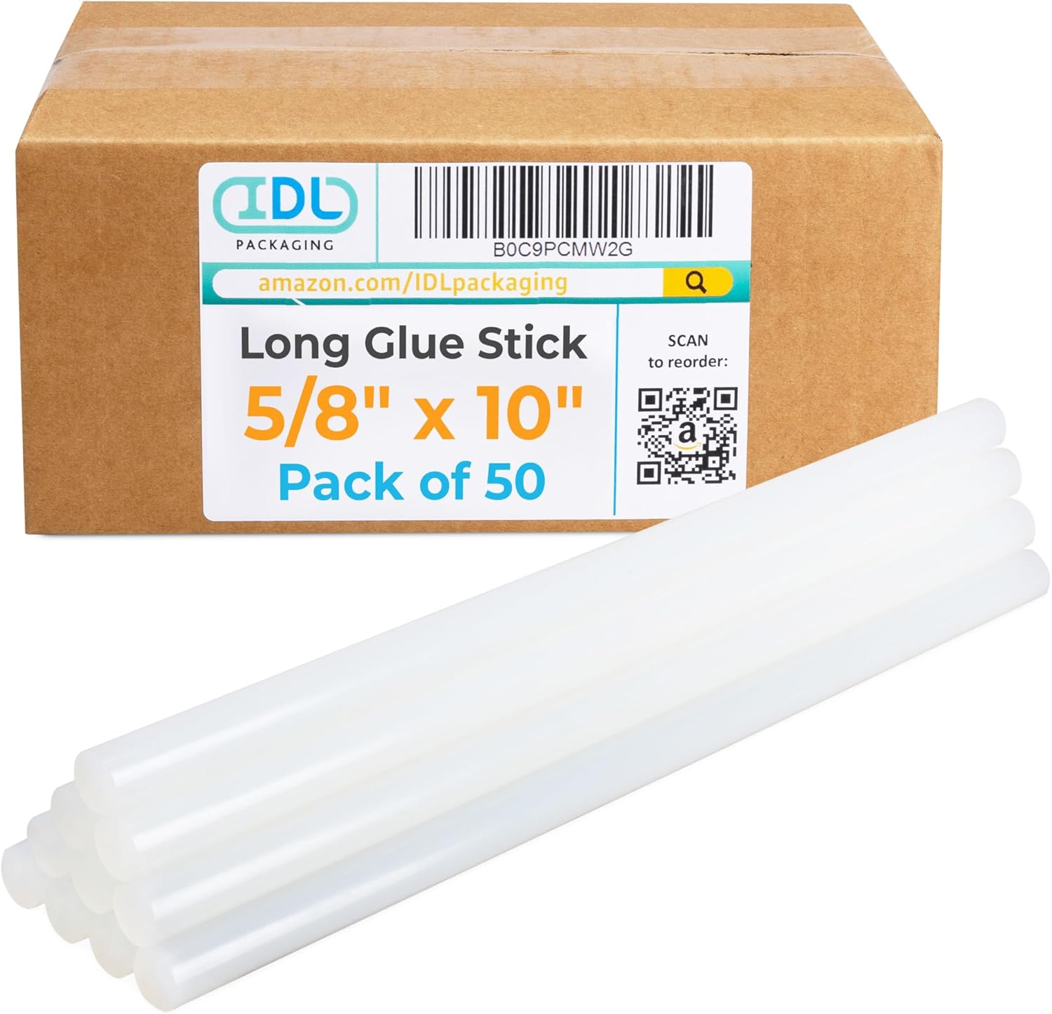 IDL Packaging 5/8" x 10" Variety-of-Surfaces Full-Size Hot Glue Sticks for Glue Guns, Clear (Pack of 50) - Superior Bonding Strength for Foam, Vinyl, Leather, Upholstery, Furniture