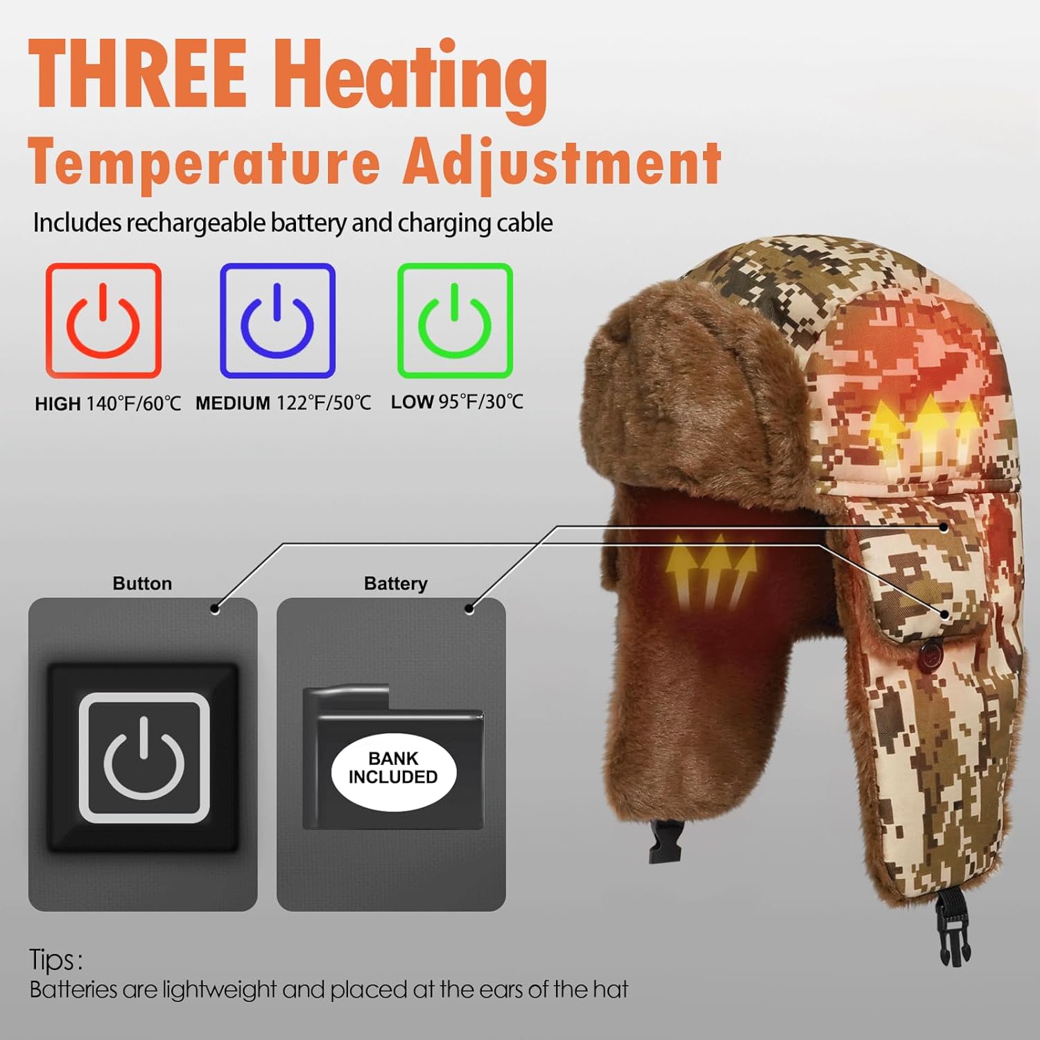 Heated Trapper Hat Warm Winter Hats with 7.4V Rechargeable Battery, Faux Fur Hunting Outdoor Hat for Men Women - Image 4