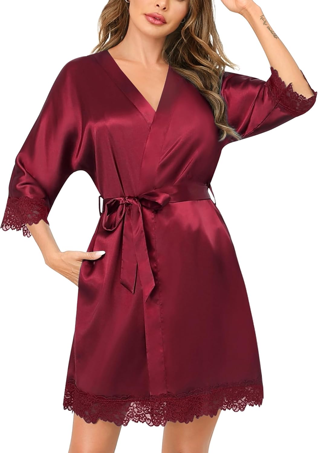 SWOMOG Women's Satin Robe Set 2 Piece Sexy Pajamas Sets Lace Cami Nightgown and Silk Robes Nightwear