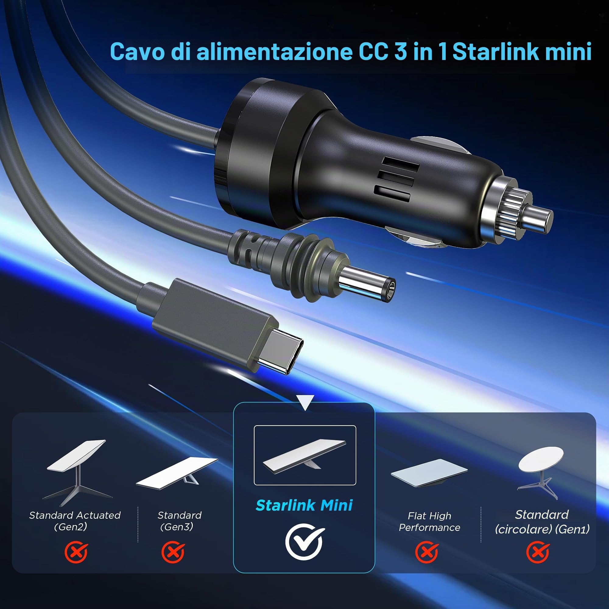 Hugener Starlink, mini cavo 3 in 1 da 3 m, ad alta velocità USB C/caricabatteria da auto/DC a CC, cavo di ricambio per Starlink Mini, prolunga impermeabile, accessori per cavi di alimentazione
