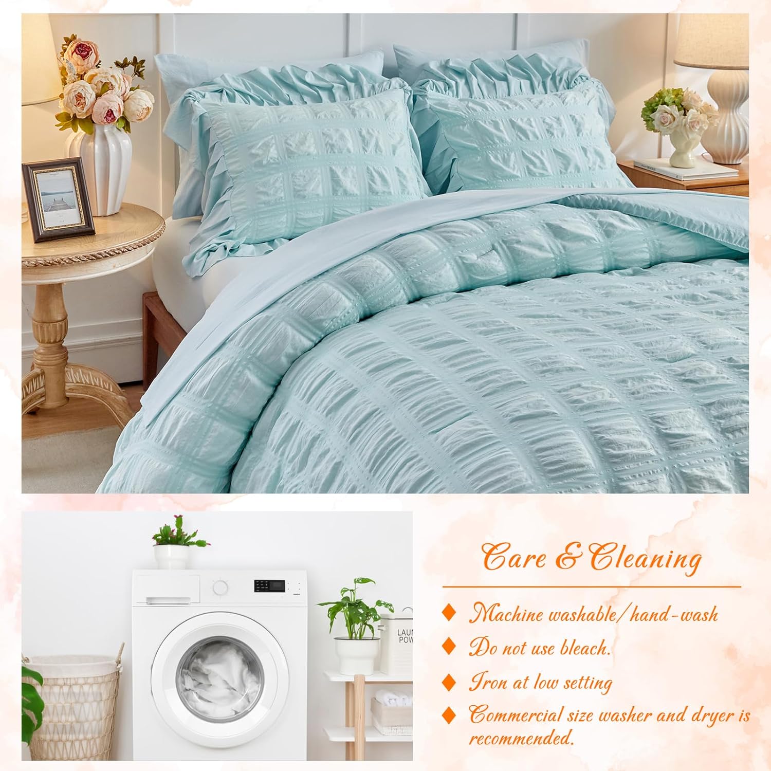 Tititada Blue Plaid Seersucker Comforter Set with Ruffled Fringe Queen Size, 3 Pieces Soft Fluffy Farmhouse Bedding Set for All Season, Queen Bed Set with Ruffle Shams (Blue, Queen)