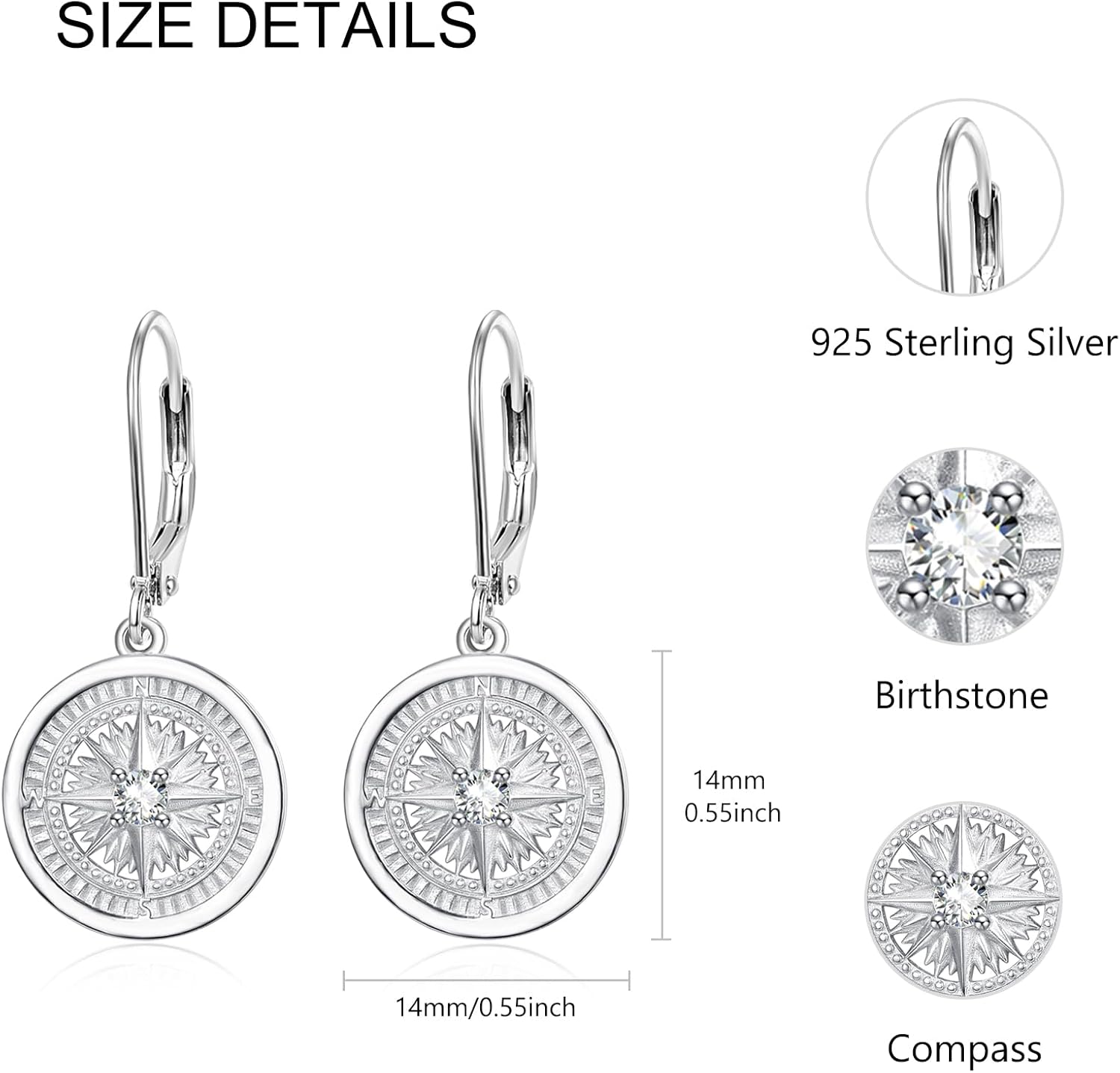 KINGWHYTE Compass Drop Earrings 925 Sterling Sliver Dangle Drop Earrings Birthstone Jewelry Birthday Gifts for Women Mom - Image 6