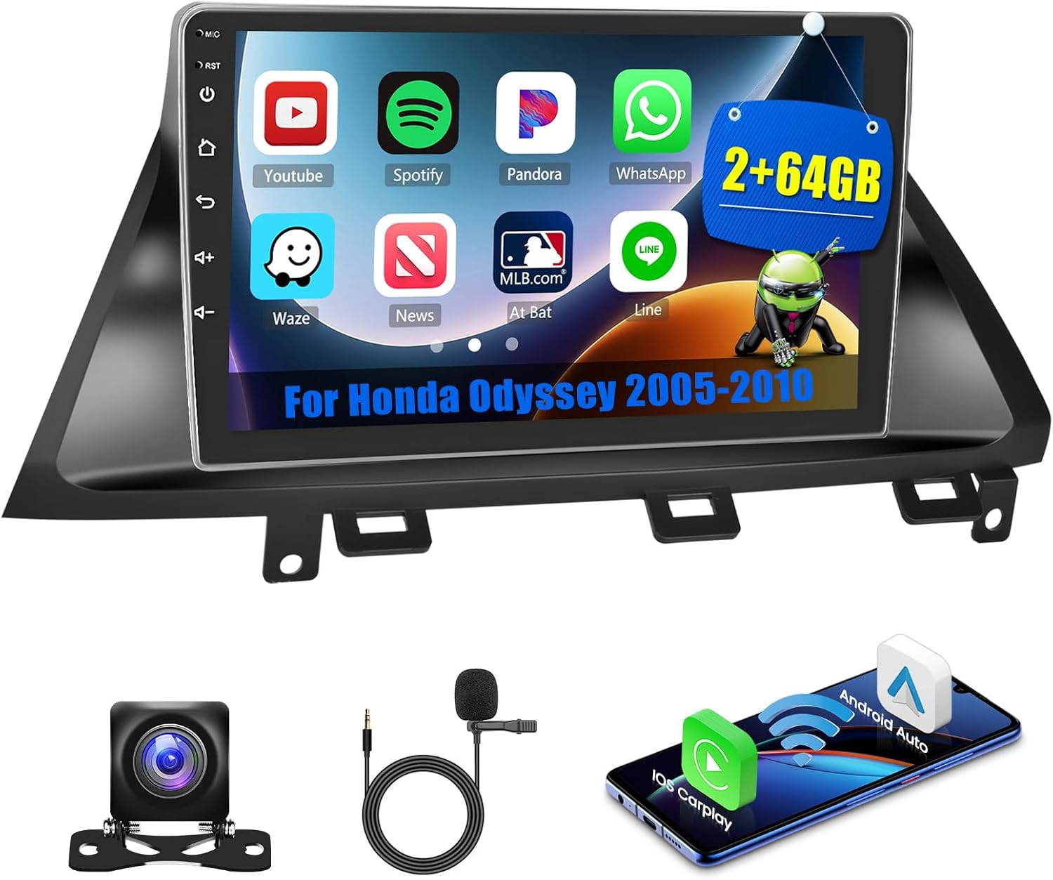 2+64G Android 15 Car Stereo for Honda Odyssey 2005-2010 Wireless Apple CarPlay Android Auto,10.1 inch Touch Screen Radio WiFi Bluetooth GPS FM RDS+Free AHD Backup Cam