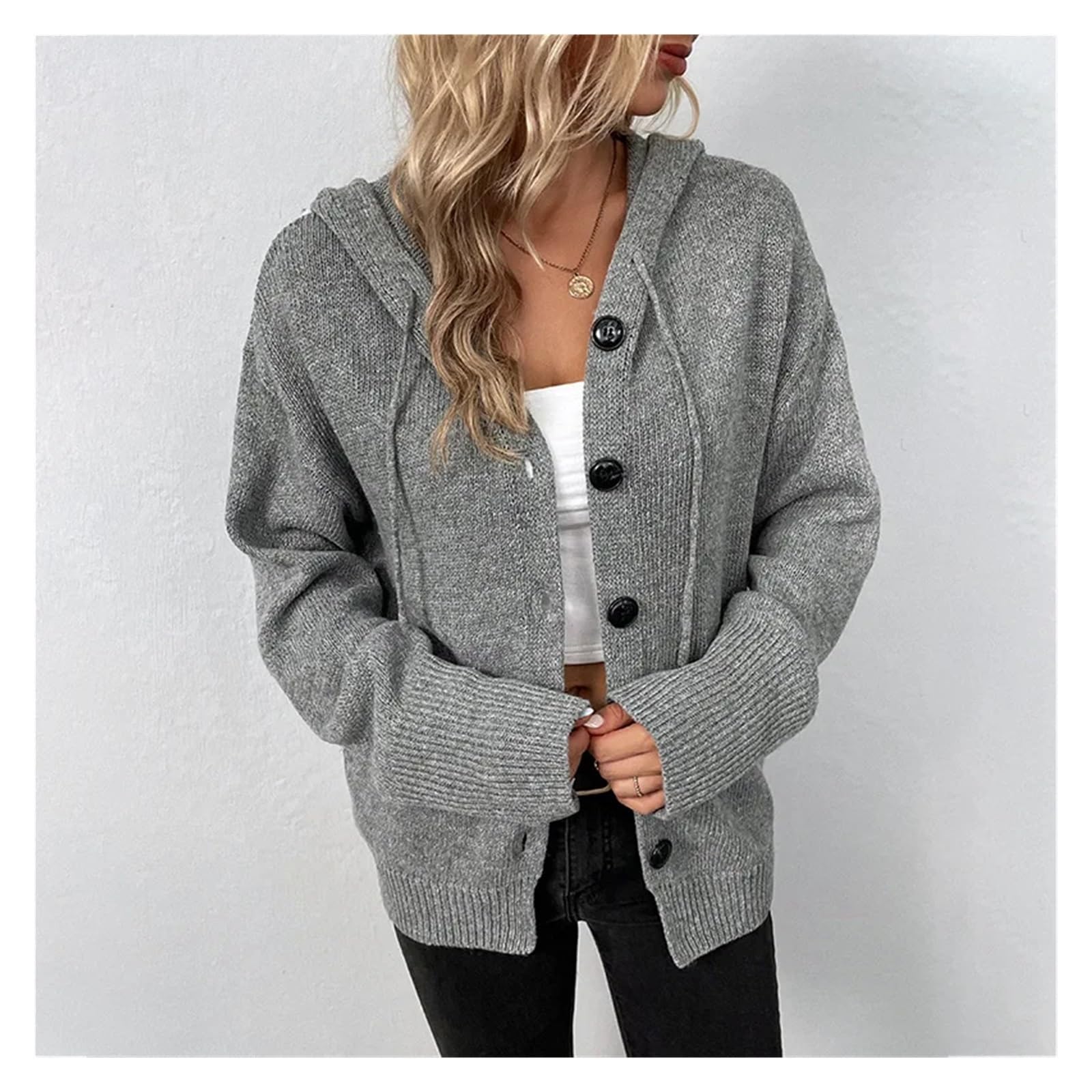 Sudadera con Capucha de Punto con Botones y Manga Larga for Mujer, Chaqueta con Capucha, cárdigan for otoño e Invierno, Atuendo Informal for Mujer(Gray,M)