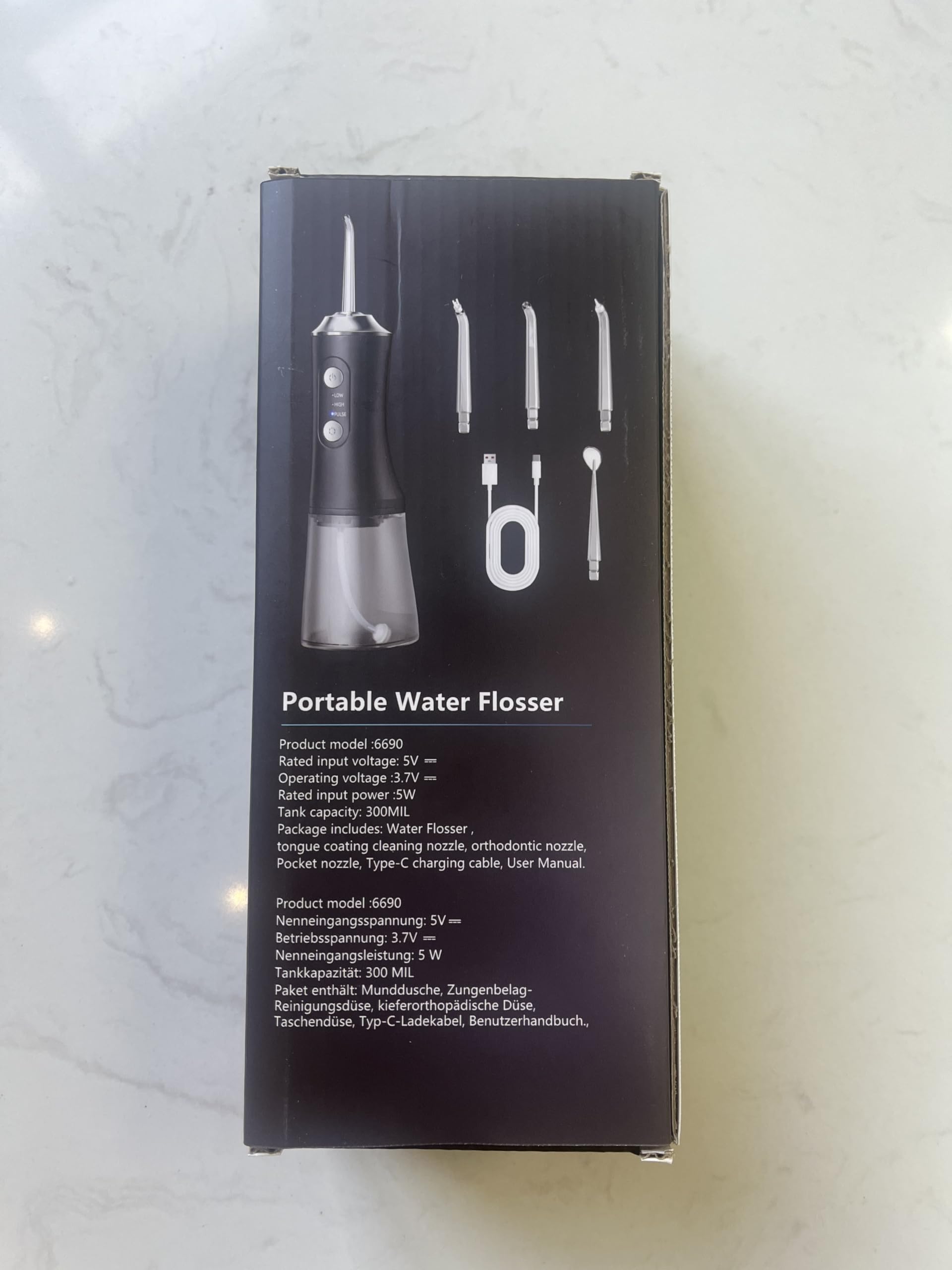 Vexloria Jet Dentaire Hydropulseur Portable 300 ML Water Flosser, Hydropulseur Dentaire Avec 3 Modes de Pression d'eau et 4 Embouts Remplaçables, Irrigateur Dentaire USB Rechargeable, noir clair
