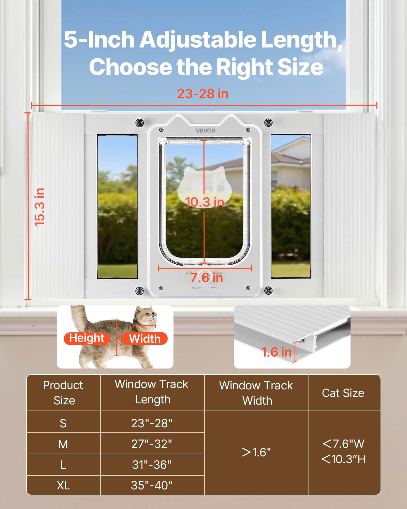 VEVOR Gatera para Gatitos para Ventana Ajustable de 58,4-71,1 cm Puerta para Gato 4 Modos de Cierre Marco de Aluminio y Cristal de Alta Transparencia Cierre Magnético para Mascotas Pequeñas, Blanco