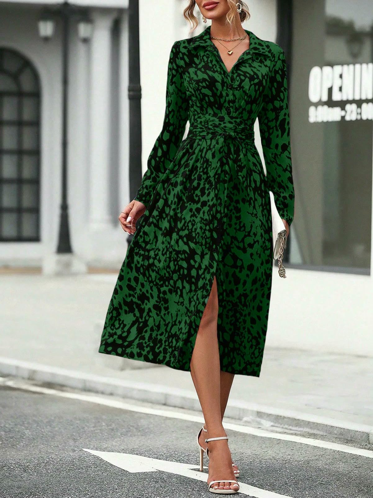 Abito Donna da Abbottonato A Camicia Maniche Lunghe con Cintura in Vita Midi Primavera Autunno Ufficio Casual-Verde Militare-l