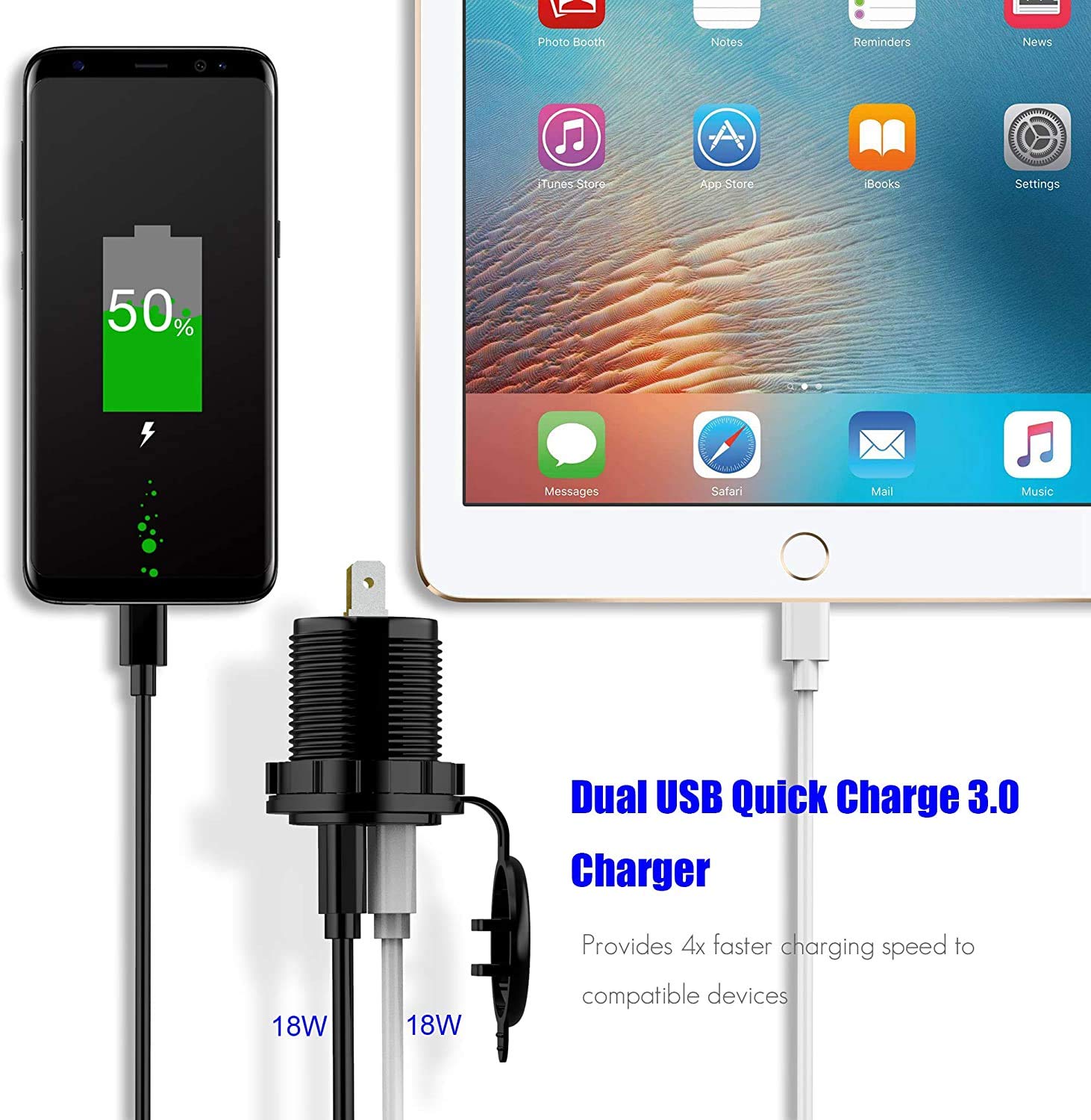 Presa per caricabatterie da auto USB 3.0, ricarica rapida, adattatore USB impermeabile 12 V e fusibile 10 A per moto da camion da barca marina 12 V/24 V (3 pezzi 36 W