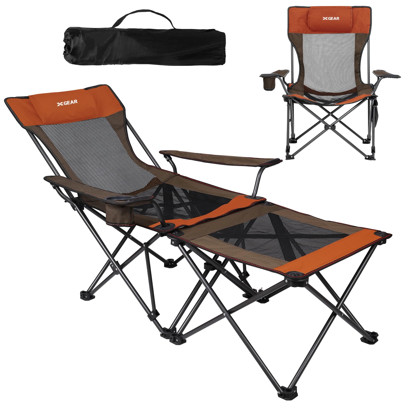 Reclining Camping Chair with Removable Footrest & Side Table, Heavy Duty Folding Camping Chair for Adults, Adjustable Backrest,Cup Holder, Carry Bag, 136kg Capacity for Camping,Beach & Garden（Orange)