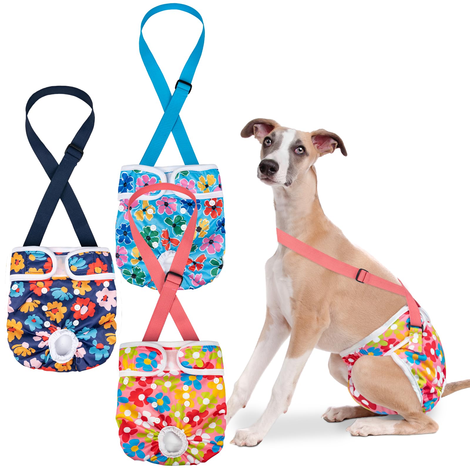 Pet Soft Dog Diapers Female with Suspenders, 3 Pack Reusable Female Dog Diapers for Heat, Dog Period Panties for Doggie in Cycle(Large, Floral)