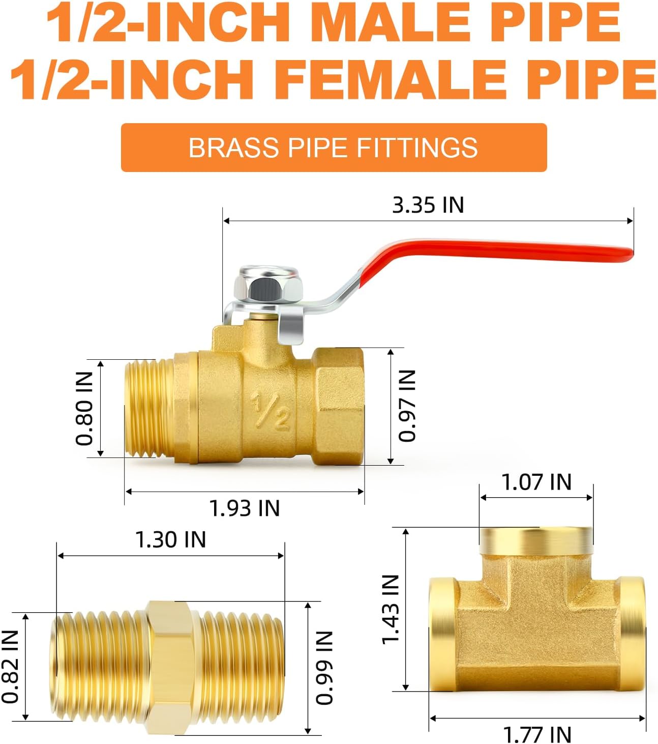 GASHER 6PCS 1/2 Inch NPT Brass Pipe Fitting, Ball Valve, Barstock Tee Brass Pipe Fitting and Air Hose Fitings