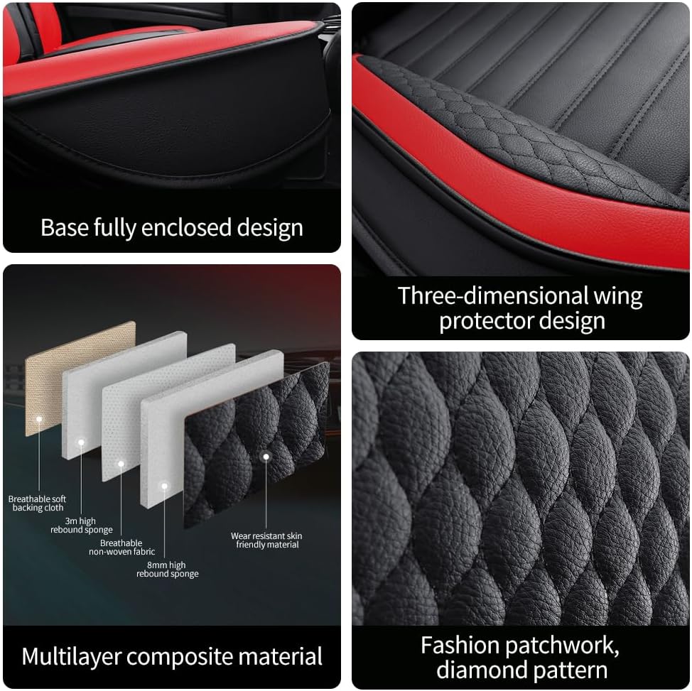 Leather Car Seat Covers for Honda Civic 2005-2015 2024,Car Seat Covers Full Set,Seat Covers with Safety,Waterproof Seat Cover Compatible Airbag(5pcs Black&Red Bars Standard)