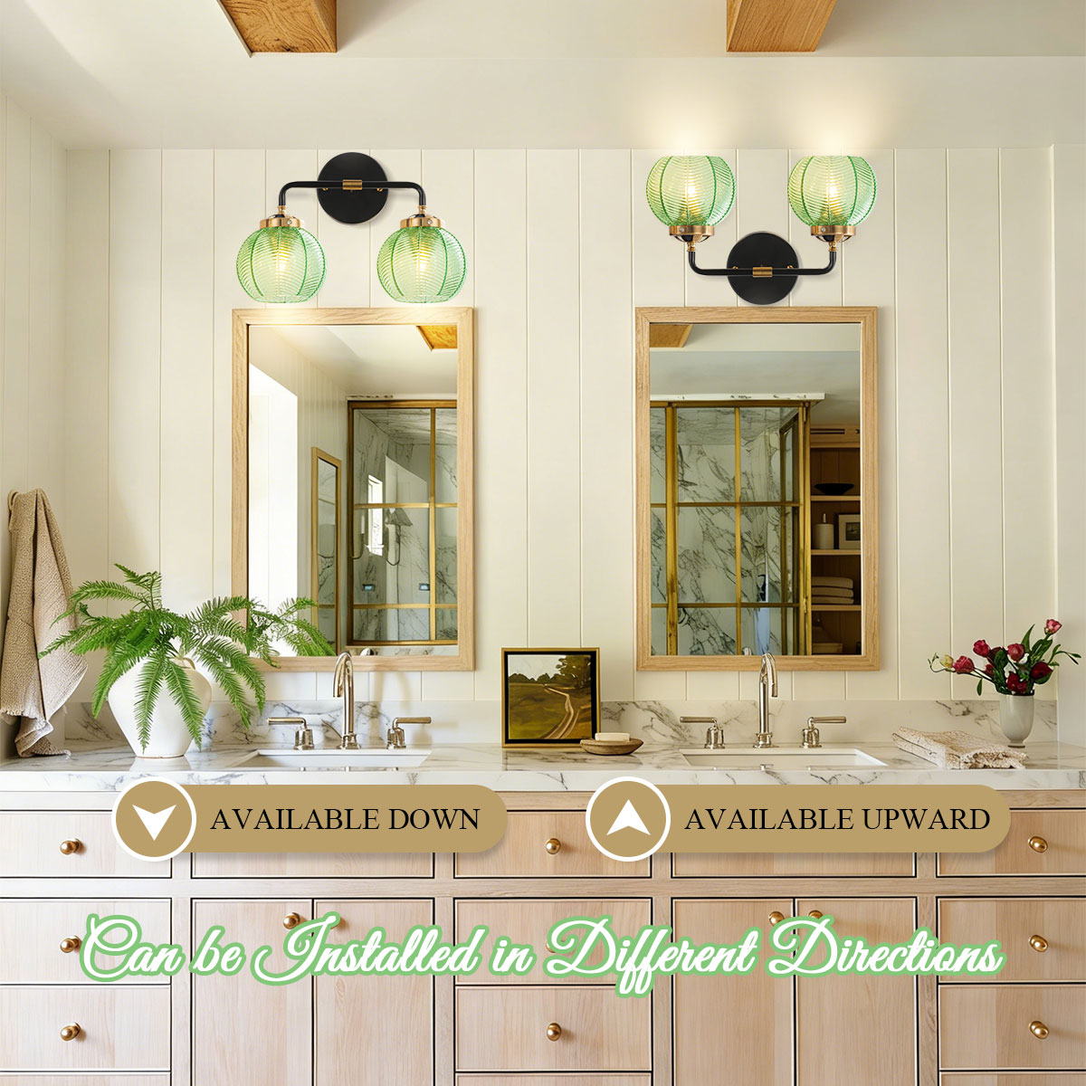 Image of Bathroom Wall Light Emerald Green 2-Lights Leaf Texture Glass Shade | Modern Vanity Light Fixtures 15cm /5.9″ Thick Globe Glass Shade Mid Century Wall Lamp Sconce Over Mirror Living Room Cabinet