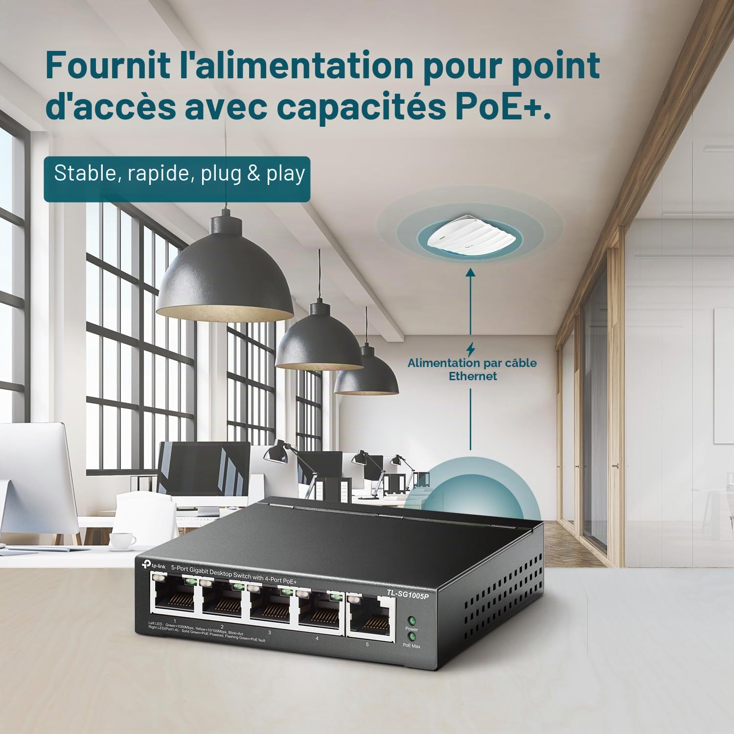 TP-Link Commutateur PoE Gigabit à 5 Ports | 4 Ports PoE 56 W | Ports blindés conformes à la Norme 802.3af | Optimisation du trafic | Plug and Play | Métal Robuste (TL-SG1005P)