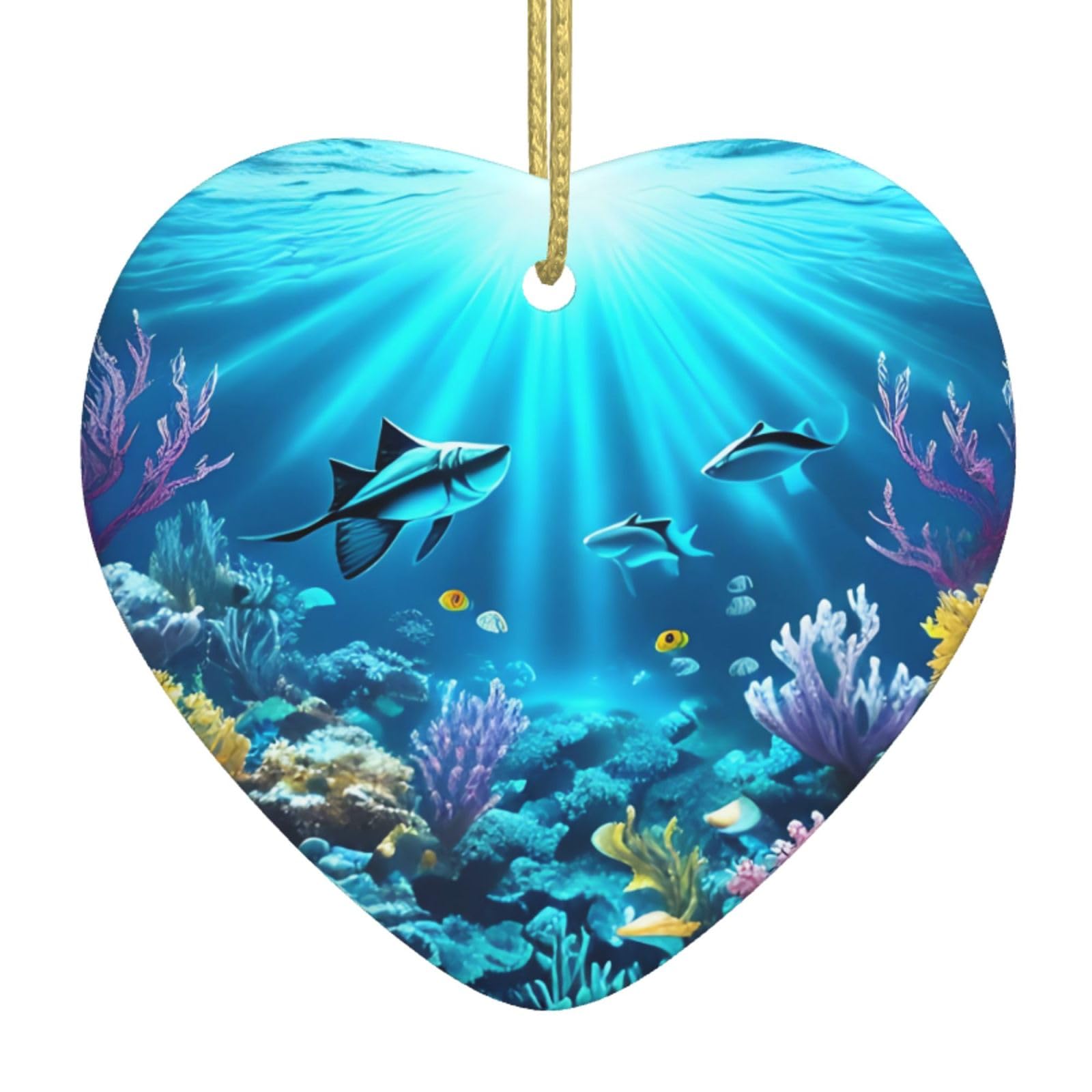 Submarine Coral Rays Ceramic Christmas Heart Pendant with Silk Thread, Christmas Tree Home Decoration