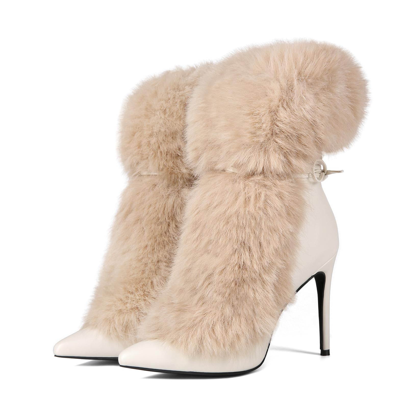 Furry Pointed Stiletto Heels with Straps Large Size Ankle Boots Heavy-Duty Soft Faux Fur Shoes Clubwear for Party