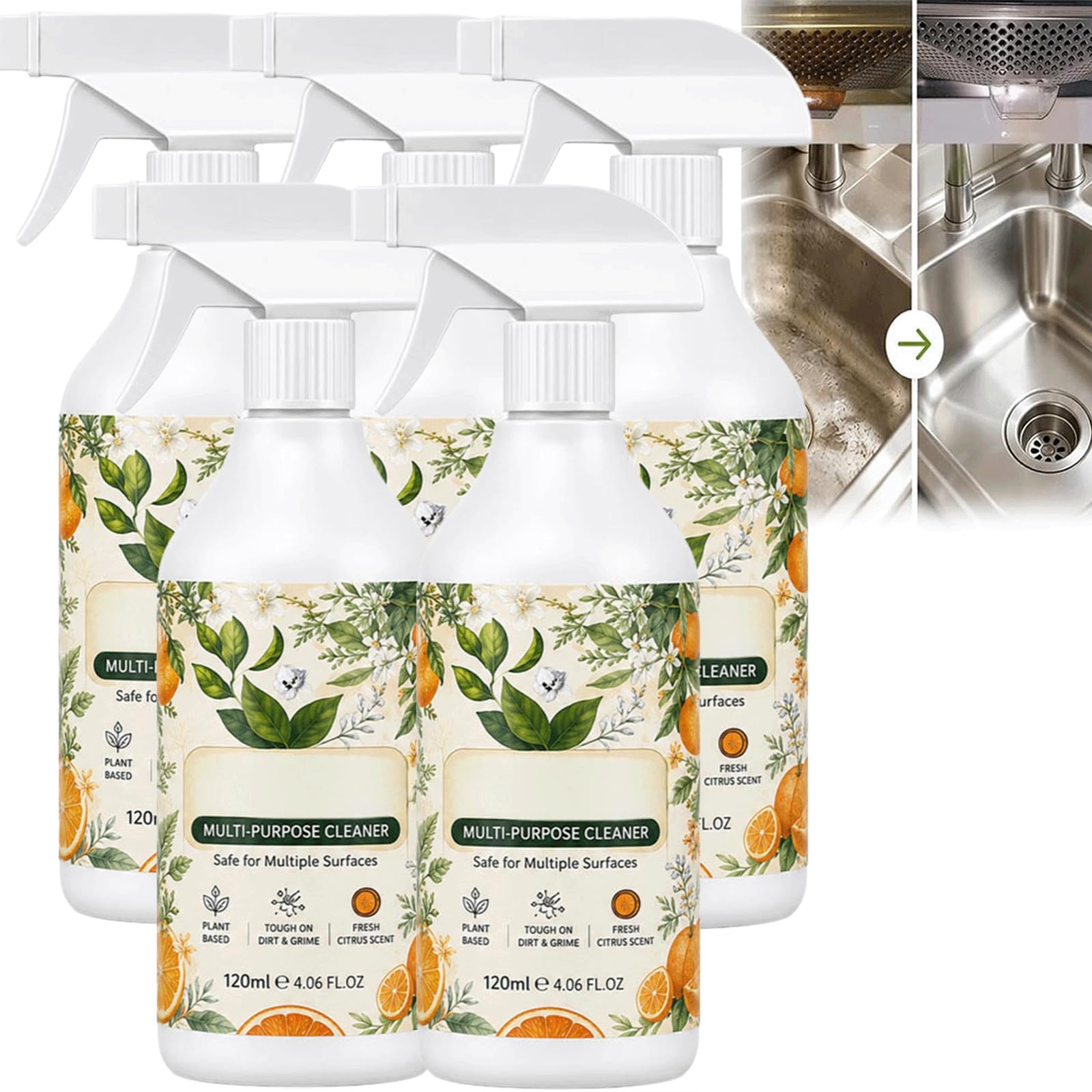 Allzweck-Reinigungsspray, Hochleistungs-Küchenentfetter & Multi-Surface-Reinigungsspray mit frischem Orangenduft, pflanzliche Zitrusformel, keine öligen Rückstände, geruchlose Formel, (5PCS)