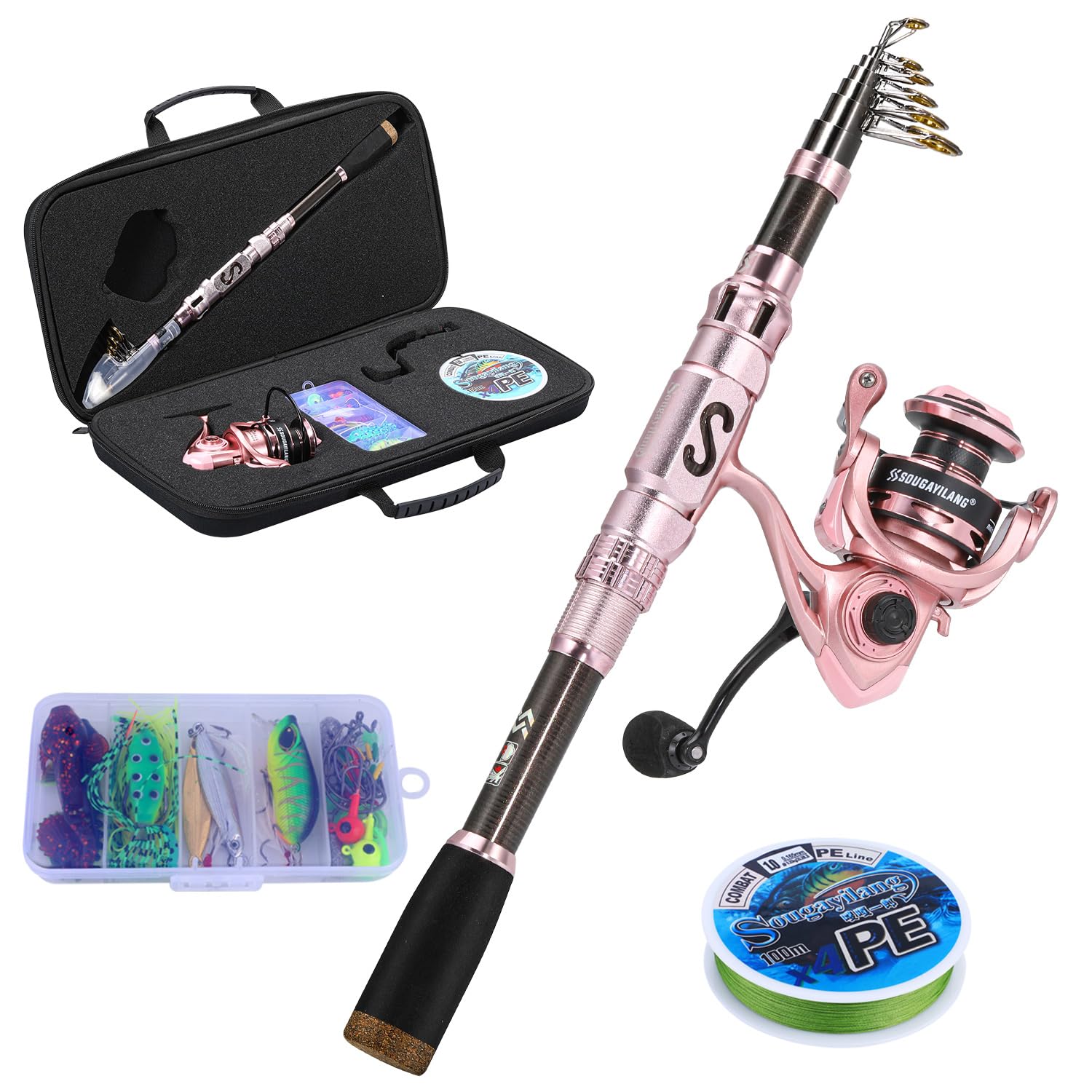 Sougayilang Canna da pesca e mulinello, canna telescopica ad alto tenore di carbonio, mulinello leggero da spinning con lenza da pesca portatile, kit da viaggio adatto per donne