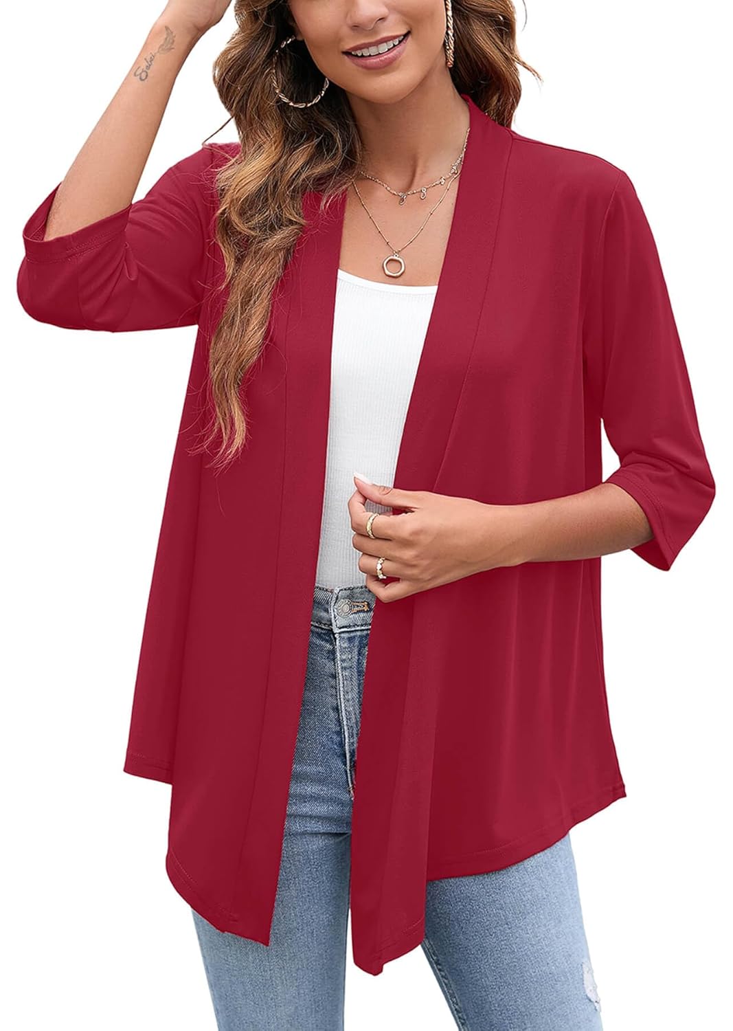 Heymoments Womens Lightweight Open Front Cardigans 3 4 Sleeve Casual Soft Drape Fall Cardigan S-2XL