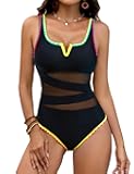 Women One Piece Swimsuit Sexy Mesh Swim Suit Tummy Control Slimming Bathing Suit Neon Sport Swimwear