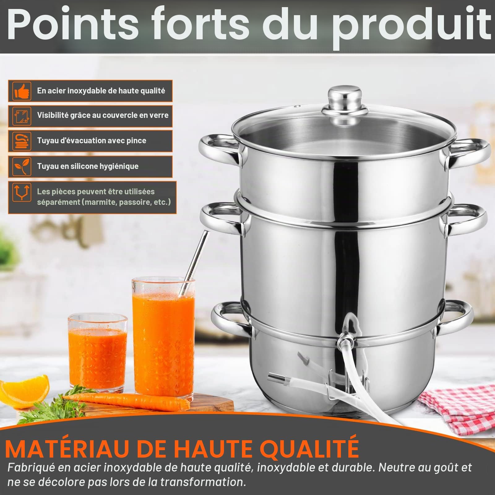 Extracteur de jus vapeur en acier inoxydable Ø26 / 16L avec 4 bouteille, compatible avec tous les appareils de cuisson, y compris l'induction