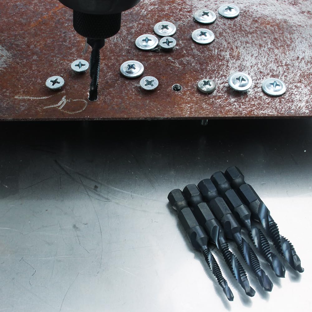 6 Pack Combination Drill Tap Bit Set Black Nitride Coated Screw Tapping Threading SAE Size 6-32NC 8-32NC 10-24NC 10-32NC 12-24NC 1/4-20NC for Power Drills & Drivers