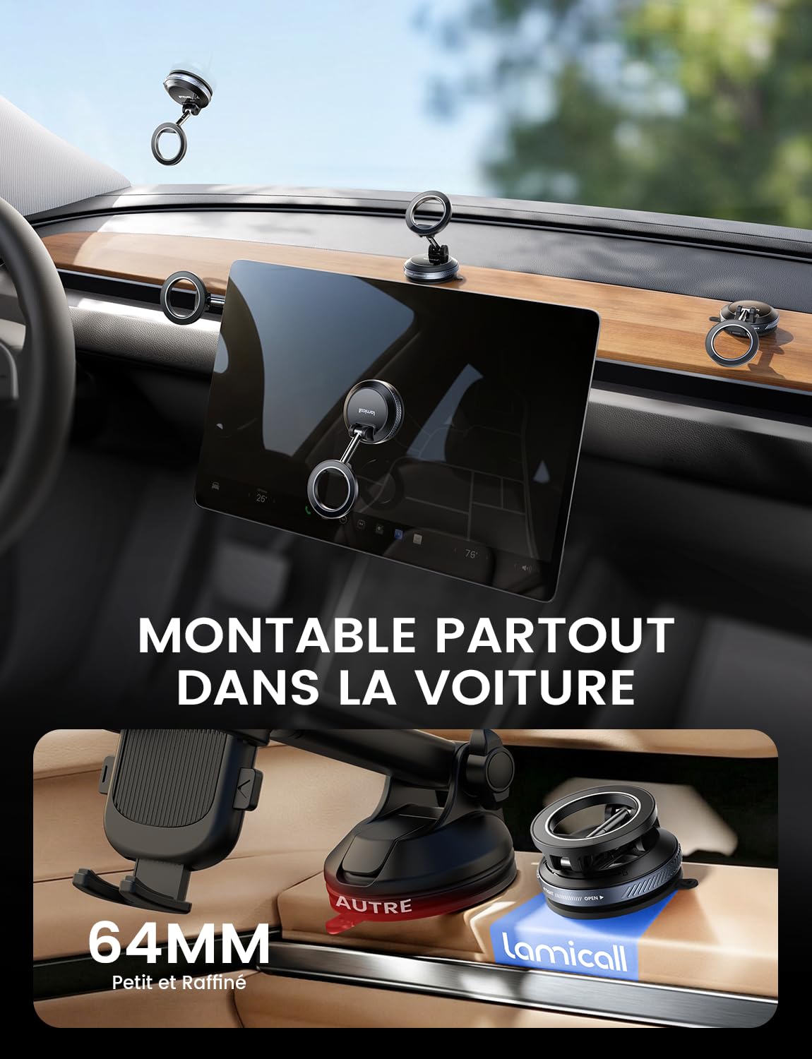 Lamicall Support Telephone Voiture pour MagSafe - [Ventouse Vide & Double Pliage] 360° Rotation, Support Magnétique pour Tableau de Bord/Pare-Brise, Porte Voiture pour iPhone 17 16, Autres Smartphones