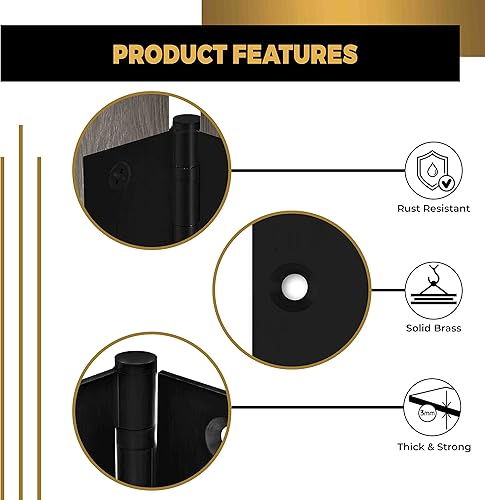 Miniatura 4 de Bisagra negra para puerta, rodamiento de bolas negro mate de 3.5 x 3.5 pulgadas, resistente, juego de 4 bisagras de puerta de latón macizo negro