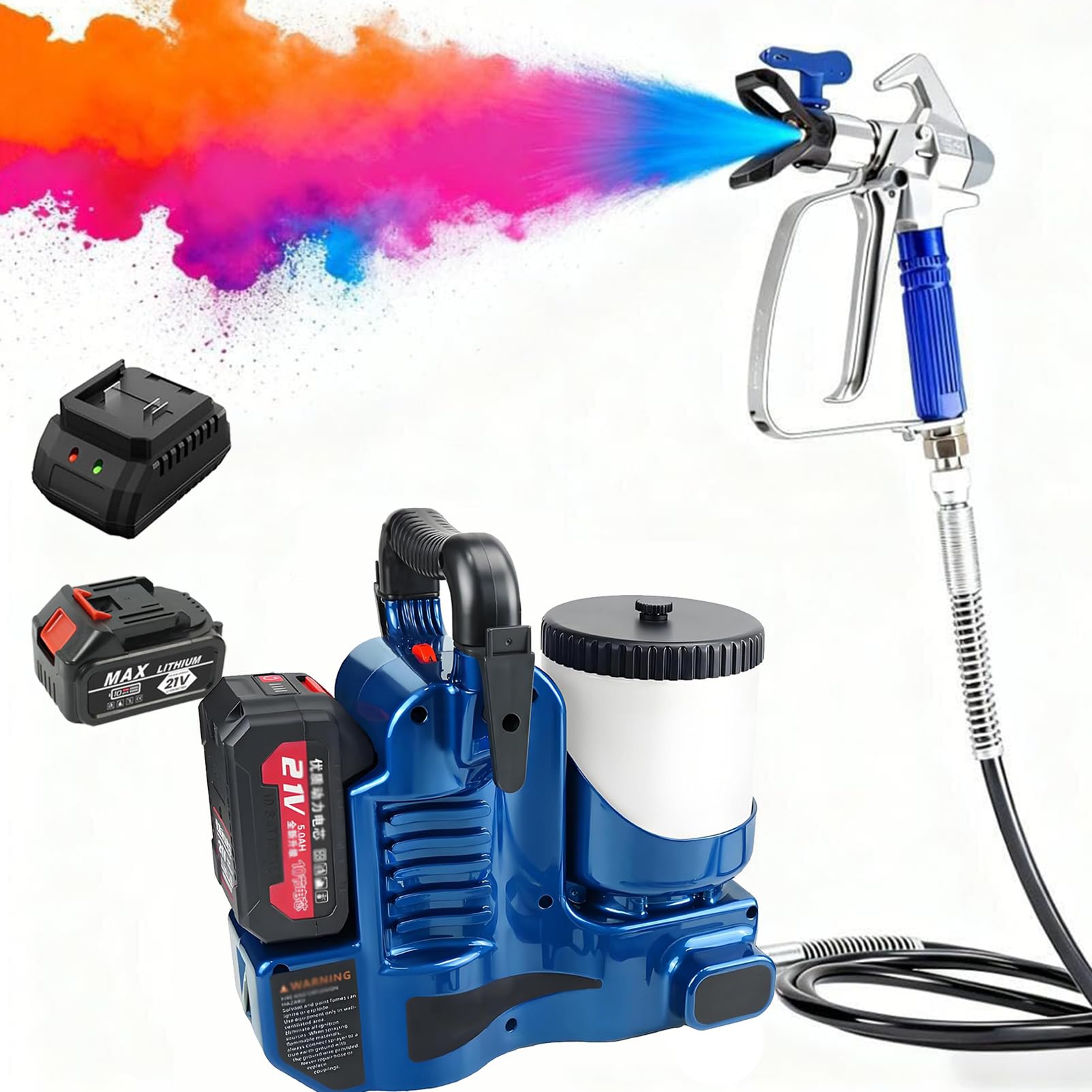 Pulverizador de Pintura sin Aire de Alta presión, 500 W, presión máxima de 15 MPa, Compatible con látex y Pintura a Base de Agua, para Casas y terrazas. 1battery