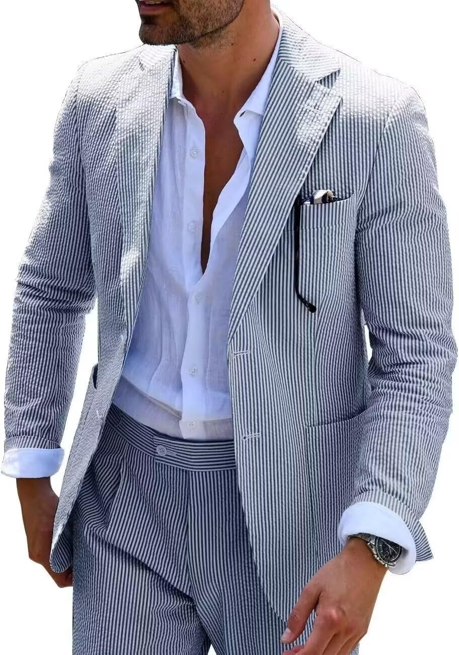 Men's Seersucker Summer Suit Groom Wedding Seersucker Outfit Slim Fit Formal Suit Set for Men-image-42