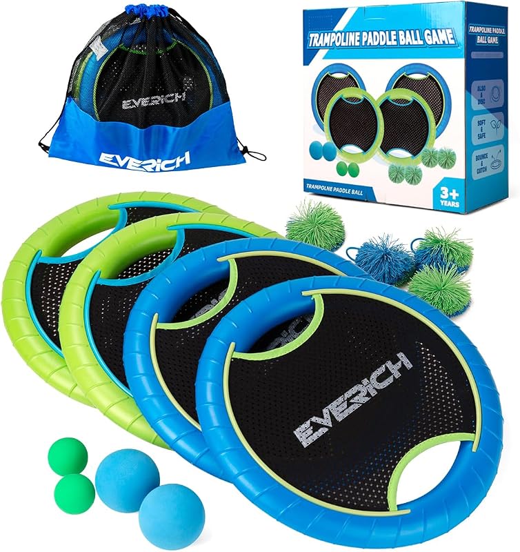 EVERICH TOY Juego de pelota de remo animoso para niños con paletas y pelotas de trampolín de espuma EVA, juego de lanzamiento y captura de bolas con cuerdas para juegos en interiores y exteriores, playa, pileta, patio trasero, regalo de disco volador para niños y niñas
