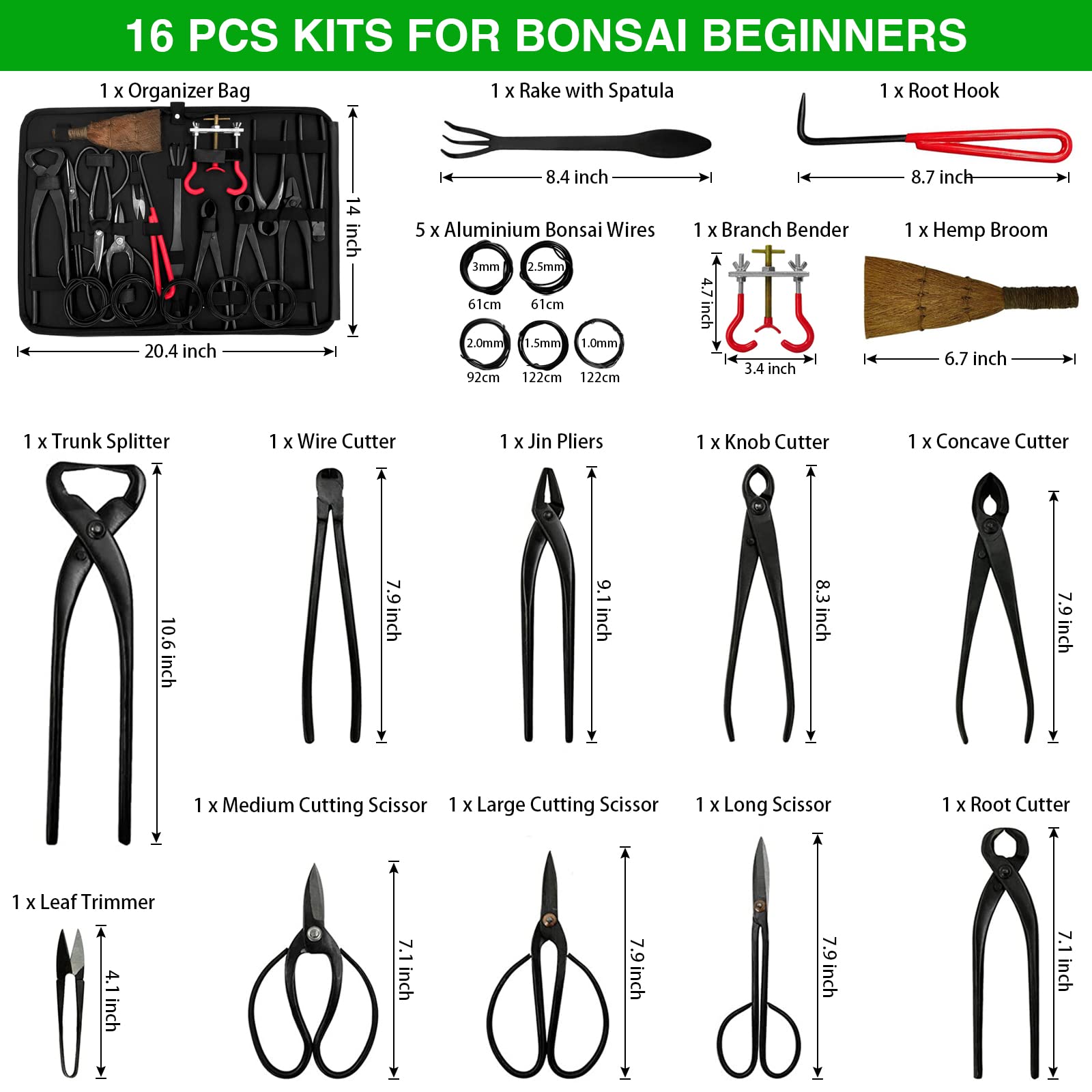 16-Piece Bonsai Tool Set with High-Carbon Steel