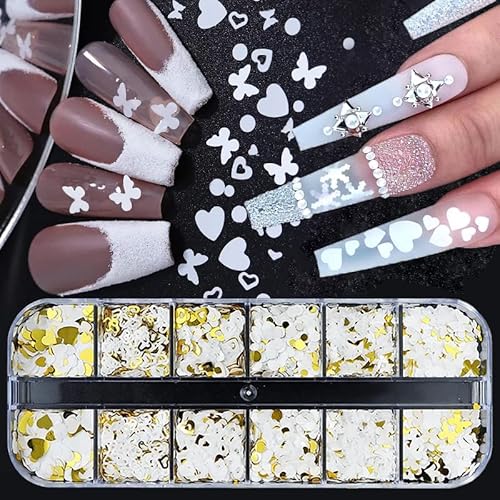 12 Grids Heart Nail Art Glitter Sequins Valentine's Day Nail Art Stickers 3D Holographic Whiter Gold Butterfly Love Hearts Nail Sequins Nail Art Supplies Confetti Glitter For Women Girls Acrylic Decor #TOP2