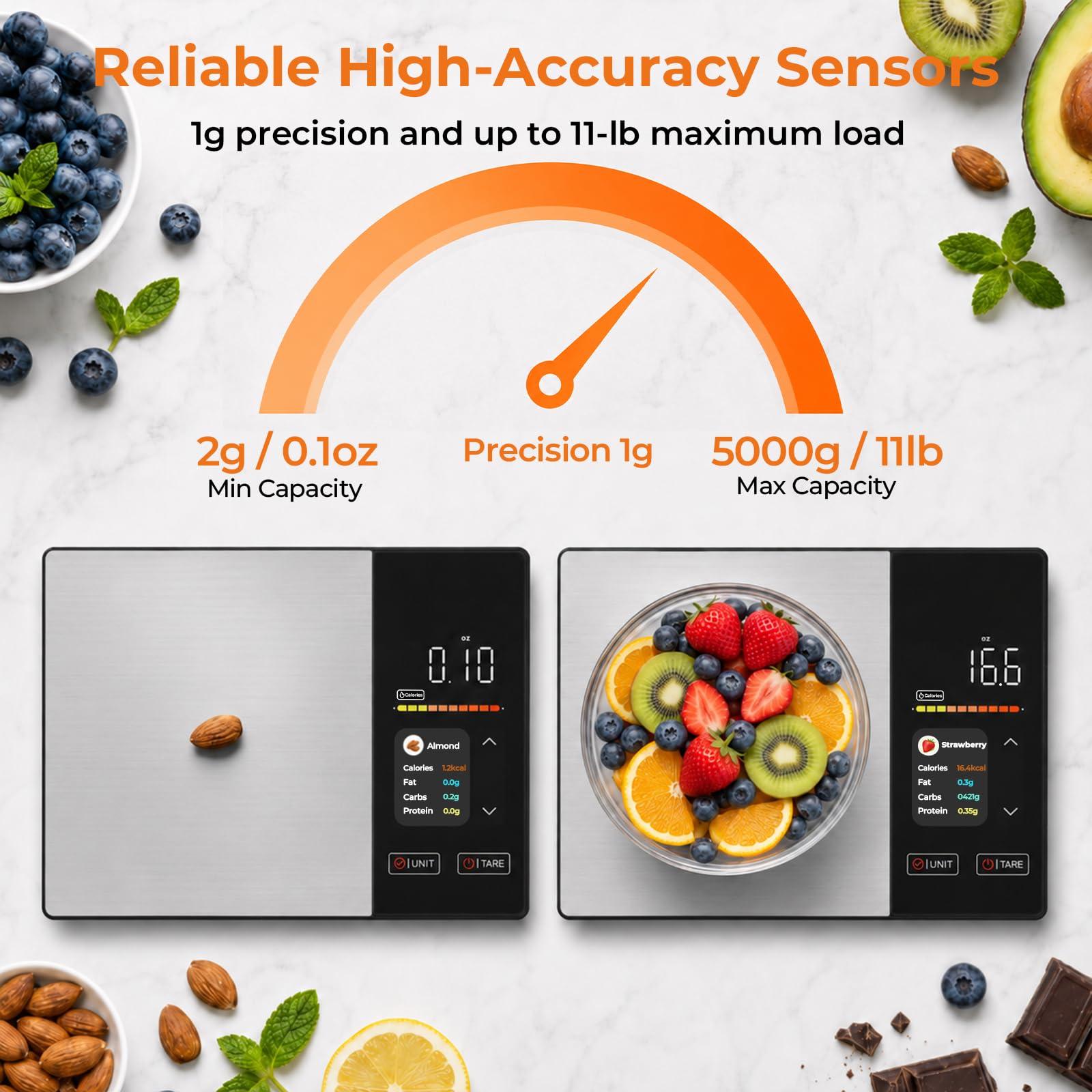 Smart Nutrition Lebensmittelwaage mit LED-Anzeige, verfolgt Kalorien, Fett, Kohlenhydrate und Protein per App, 1 g digitale Präzisions-Küchenwaage für gesunde Ernährung & Mahlzeitenzubereitung