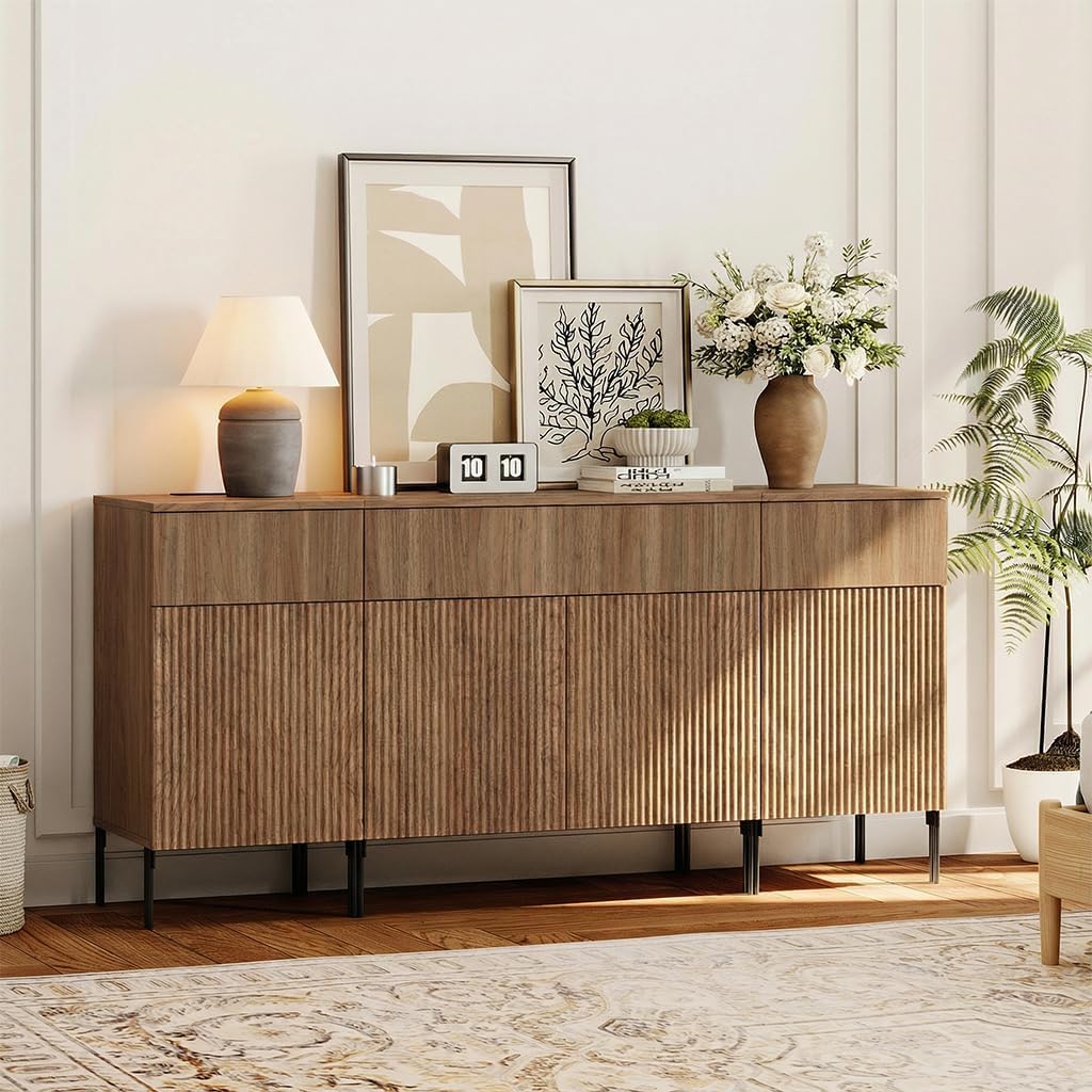 WAMPAT 3 in 1 Modern TV Stand for 70+ Inch TV, 63" W Fluted TV Entertainment Center with Storage Cabinets and 3 Drawers & 4 Doors, Wooden TV Console Table with Storage for Living Room, Walnut