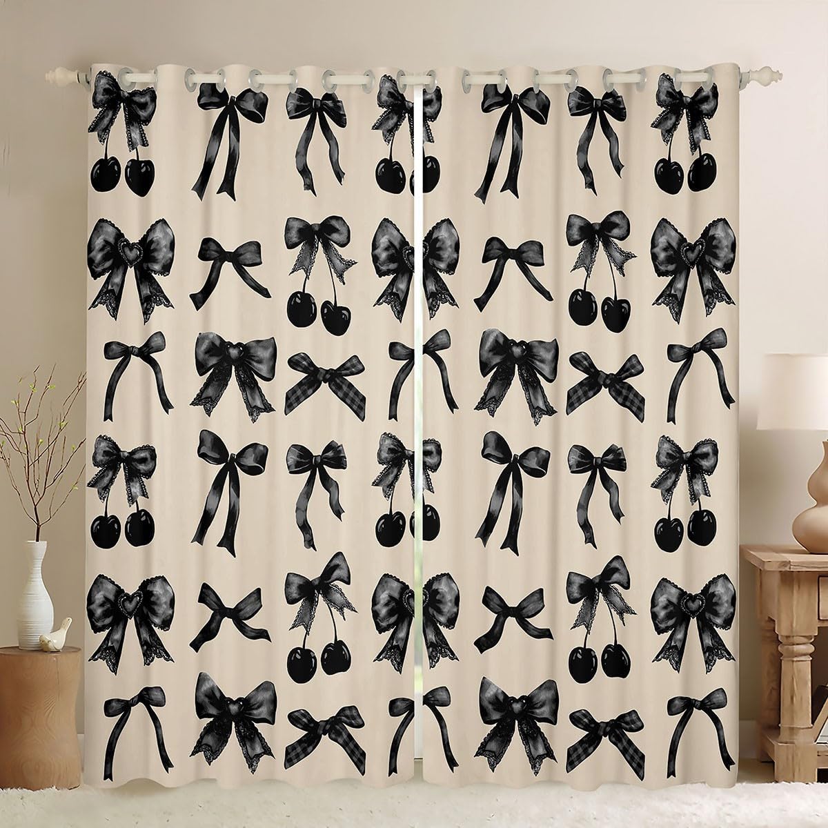 Erosebridal Black Cherry Bow Blackout Curtains for Bedroom,Cute Silk Ribbon Bowknot Window Curtains 2 Panel Sets 38" Wx45 L,Princess Bow Tie Dreamy Kawaii Window Treatments Drapes,Princess Room Decor