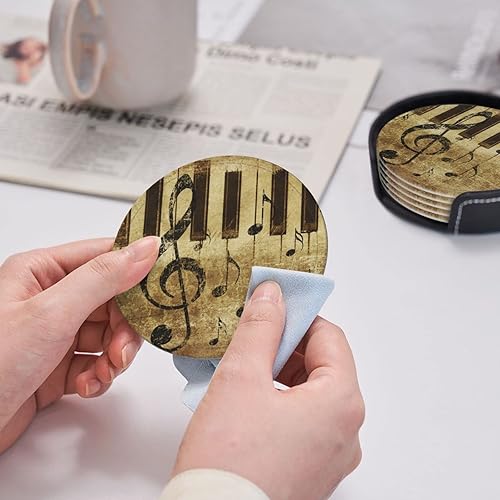 Miniatura 7 de Famame 6 posavasos de cuero para bebidas con soporte grunge retro piano notas musicales, juegos de posavasos para mesa de bebidas, posavasos para