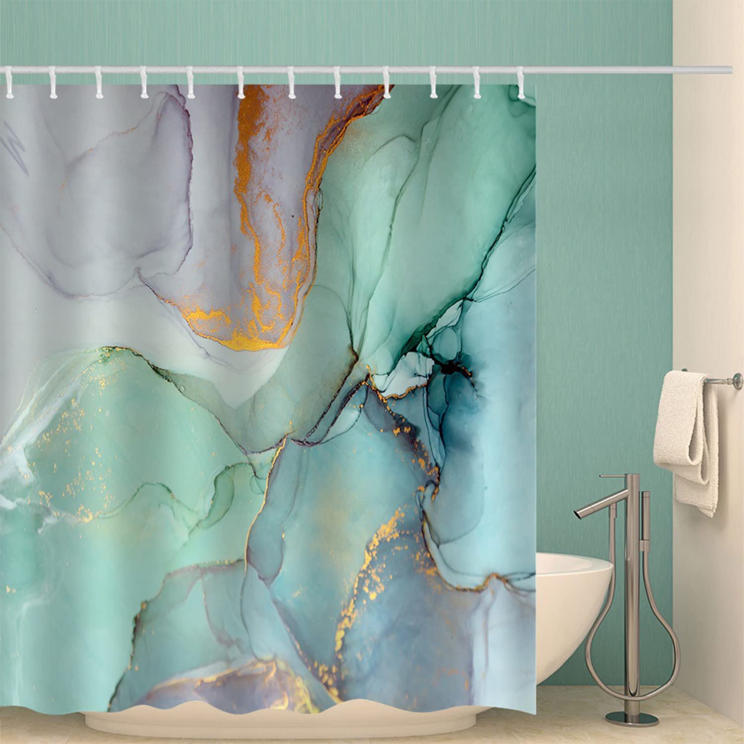 JZS Shower Curtains for Bathroom Green Marble Style Pattern Waterproof Privacy Shower Curtain with 12 Hooks Watercolor Ink Painting Style Home Camping Special Privacy Shower Curtain
