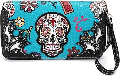 Cowgirl Trendy Western Purse Sugar Skull, Cross Clutch Wallet Day of the Dead Wristlet, Teal