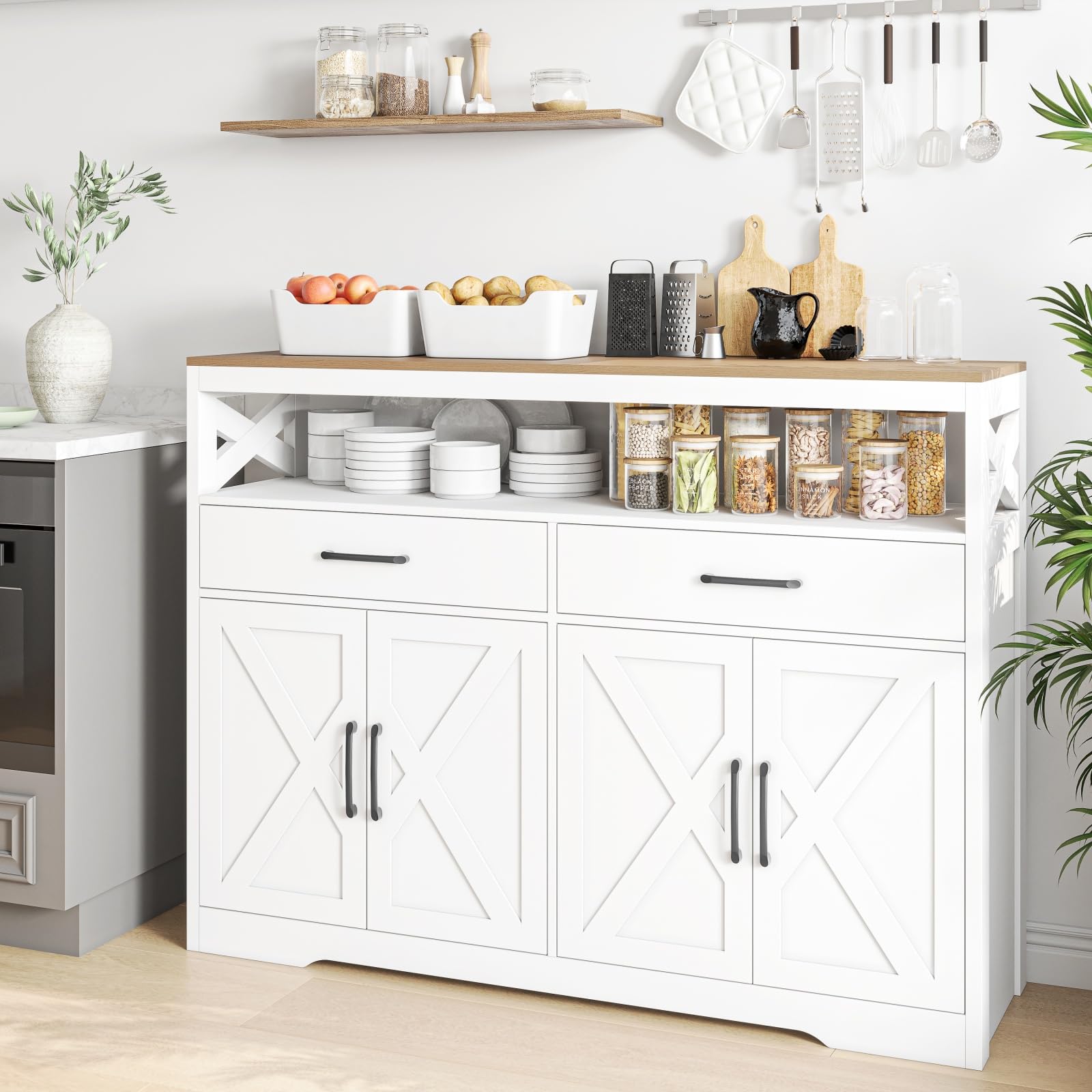 Mobile portaoggetti con 2 cassetti e 4 ante,Credenza Cucina,Scomparto Aperto e ripiano regolabile,Buffet Mobile de Cucina Bassa, credenza sala da pranzo per cucina, 140x40x105cm,bianco