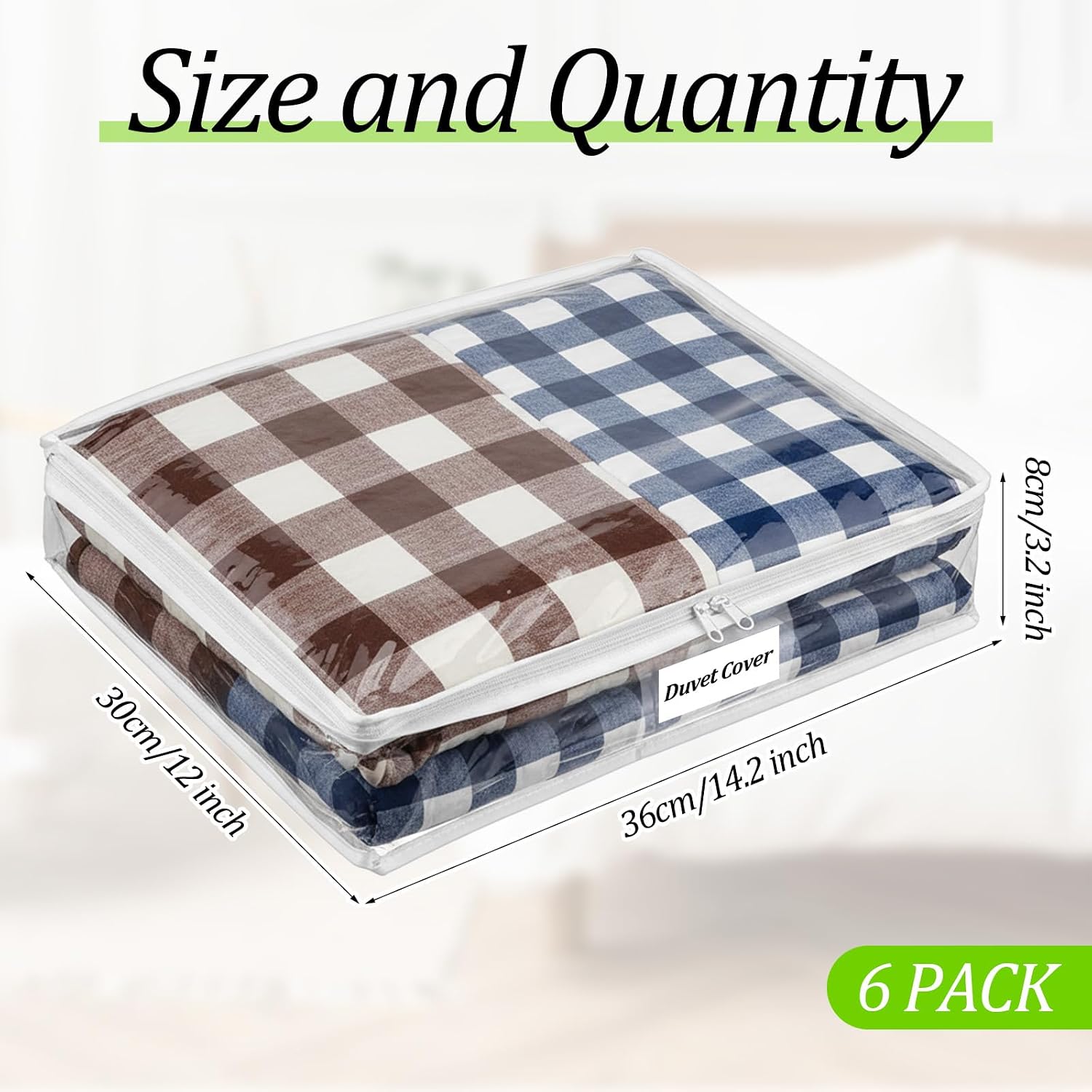 6 Pcs Clear Zippered Storage Bags, Plastic Sweater Storage Bags Vinyl Clothes Store Bag for Clothes Closet Pillow Blankets Linen Bed Sheet Organizers and Storage Cubes (14.2 x 12 x 3.2 Inch)
