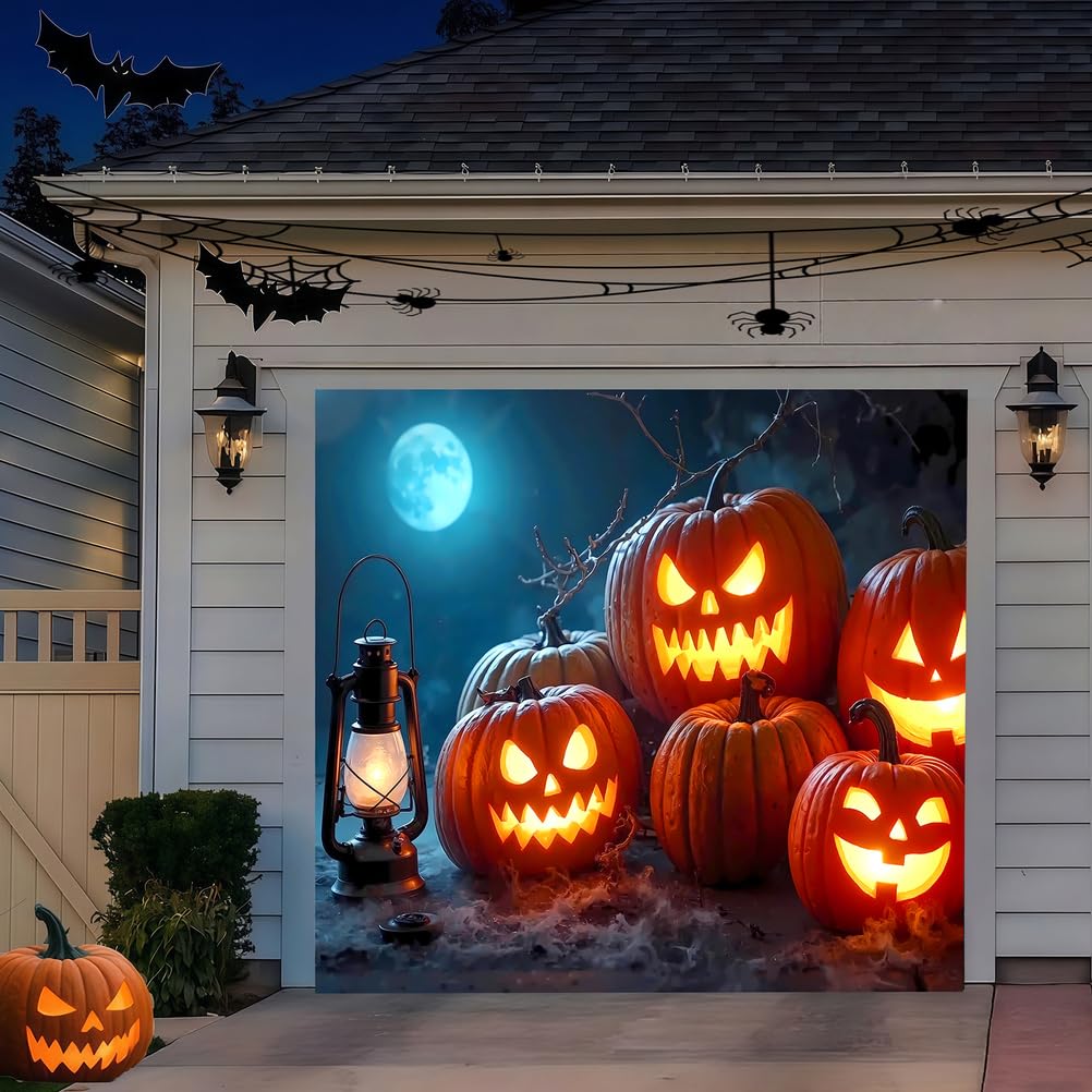 Zfflyh Pumpkin Head Halloween Garage Door Cover Decorations Banner, Large Halloween Hanging Backdrop Door Cover Wall Decorations For Outdoor Holiday Decorations,,8 * 7