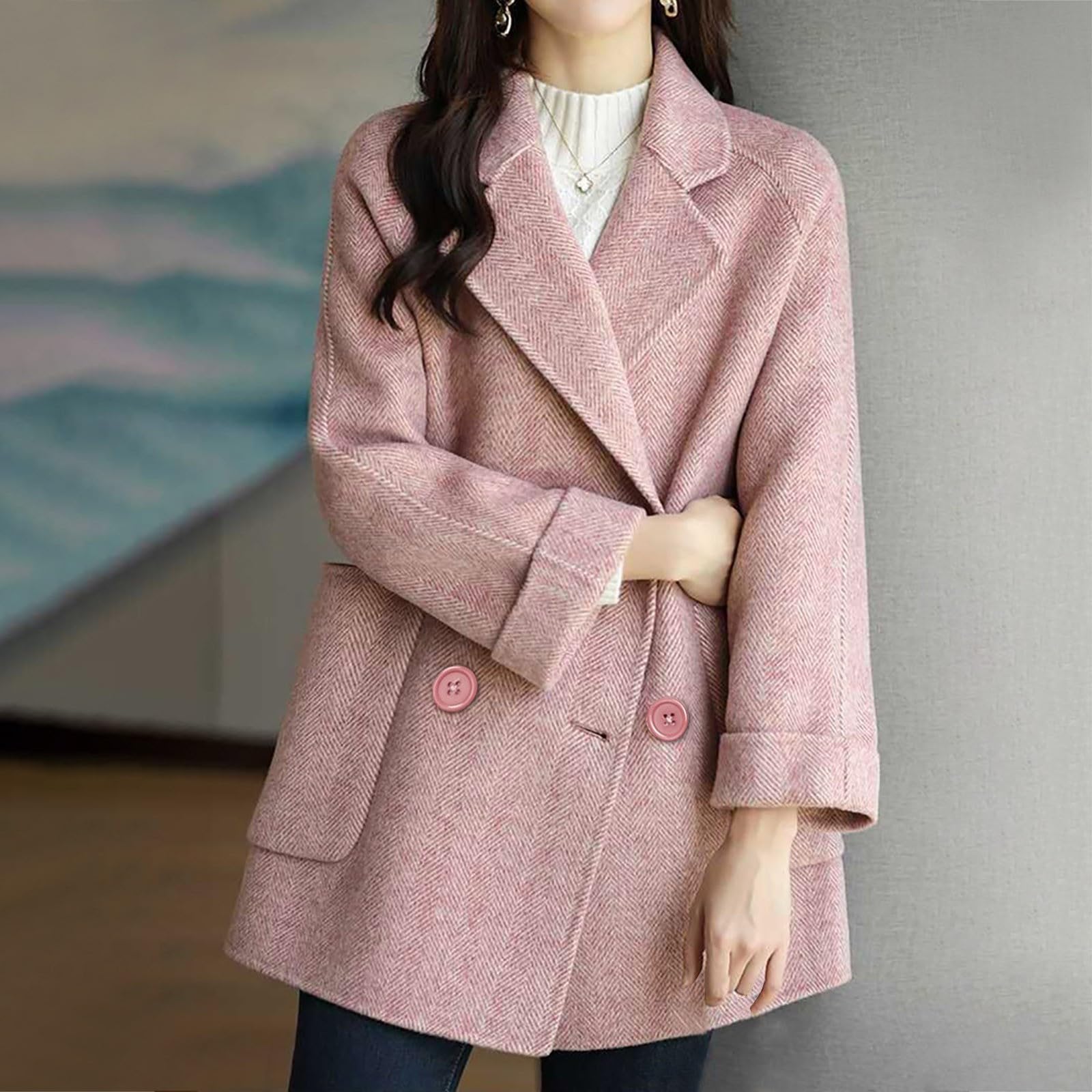 Trench Donna il Motivo a Spina di Pesce alla Moda È un Cappotto di Lana Ampio e Sottile, Piccolo e Versatile Outdoor